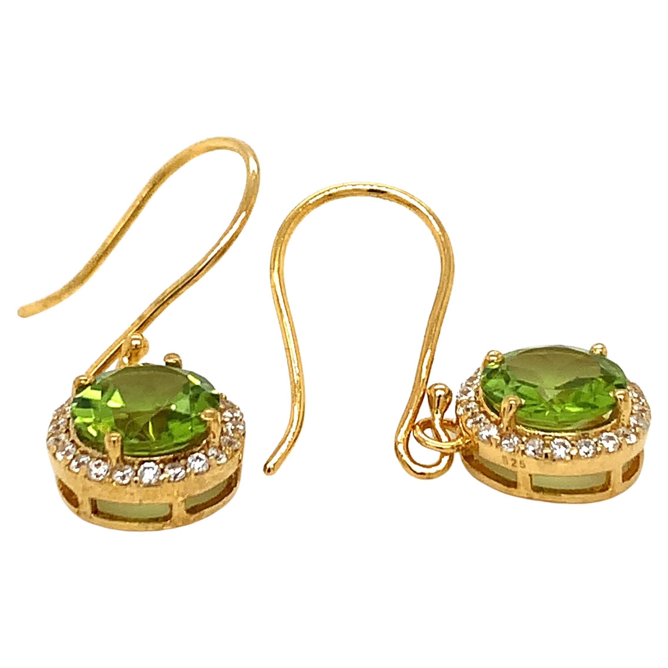 Round  Natural Peridot And CZ Yellow Gold Over Sterling Silver Earrings