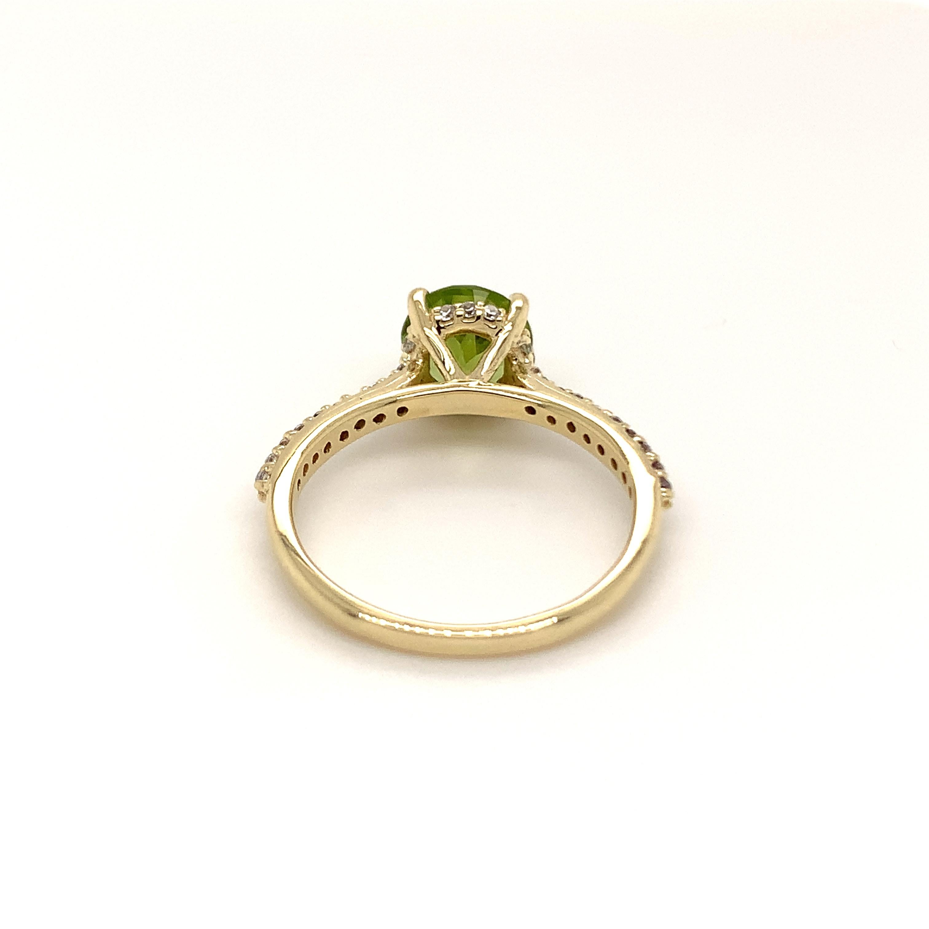 Round Cut Round Natural Peridot And CZ Yellow Gold over Sterling Silver Ring For Sale