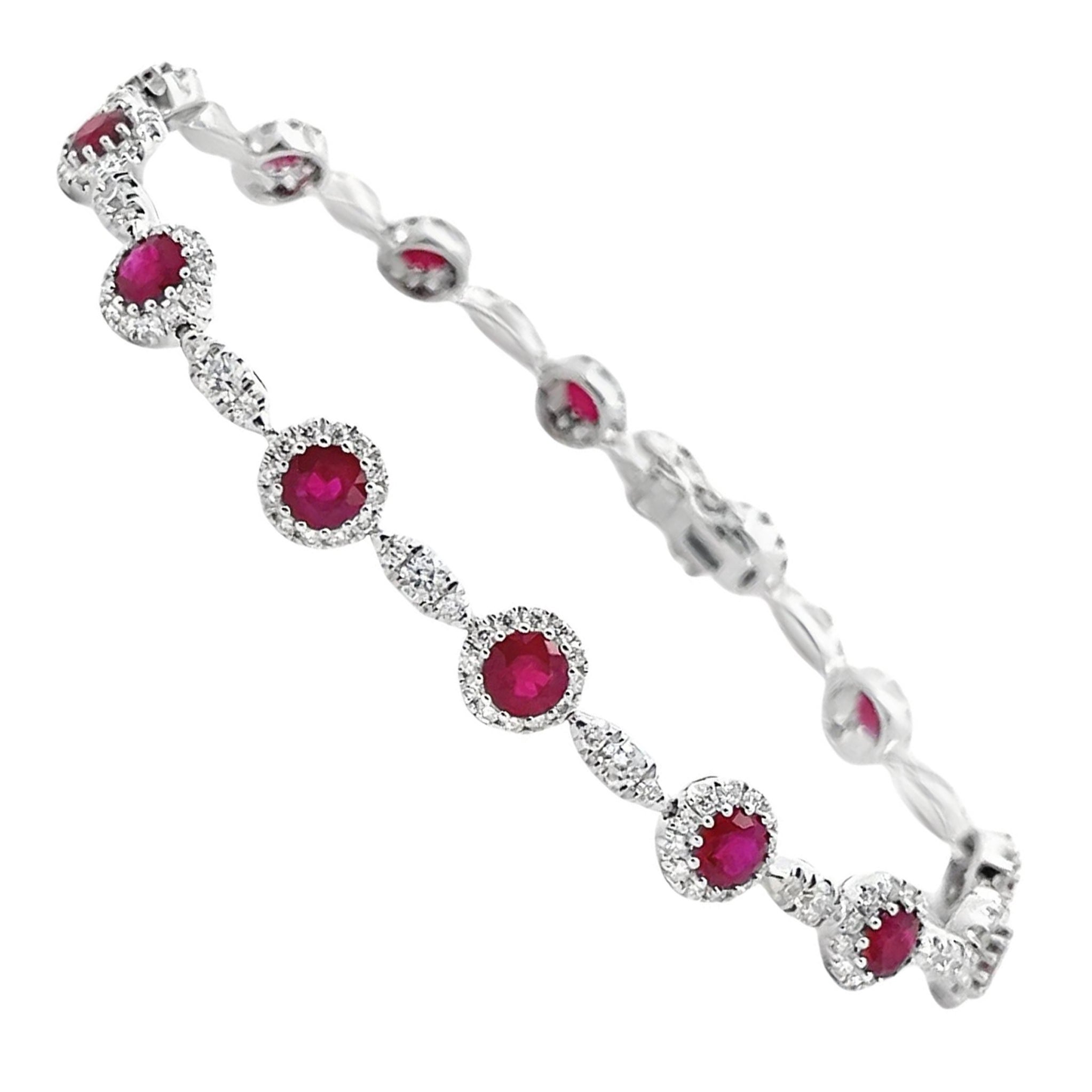 Round Natural Ruby & Diamond Tennis Bracelet in 14K White Gold