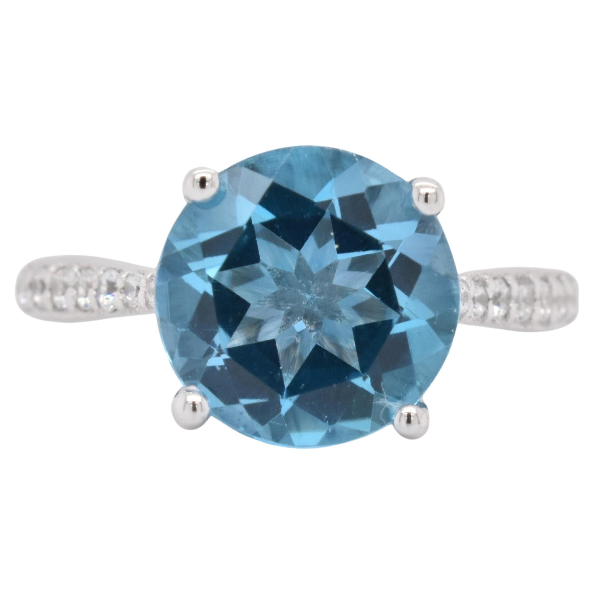 Round Natural Swiss Blue Topaz And CZ Rhodium over Sterling Silver Ring For Sale