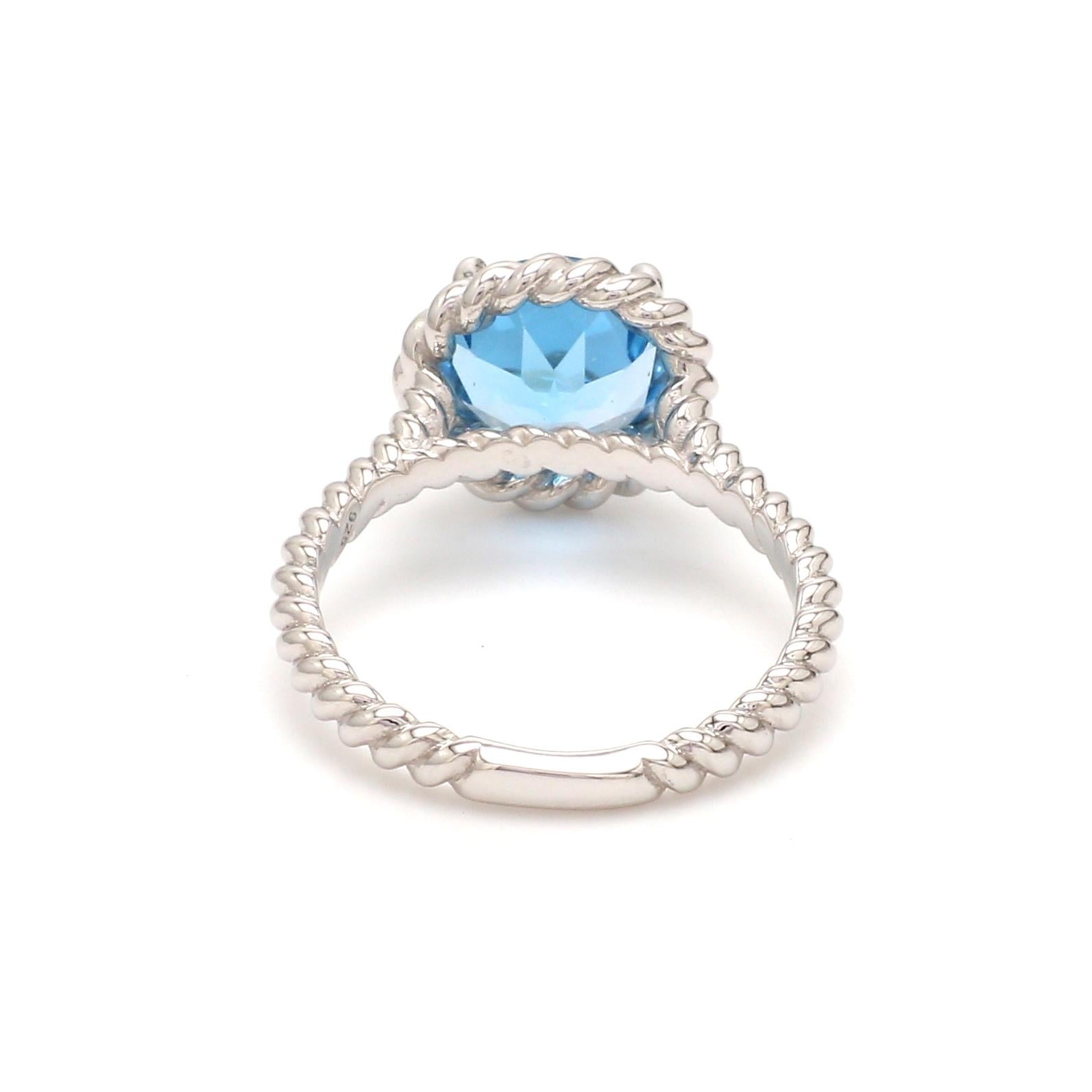 Round Natural Swiss Blue Topaz Rhodium Over Sterling Silver Ring In New Condition For Sale In Fort Lee, NJ