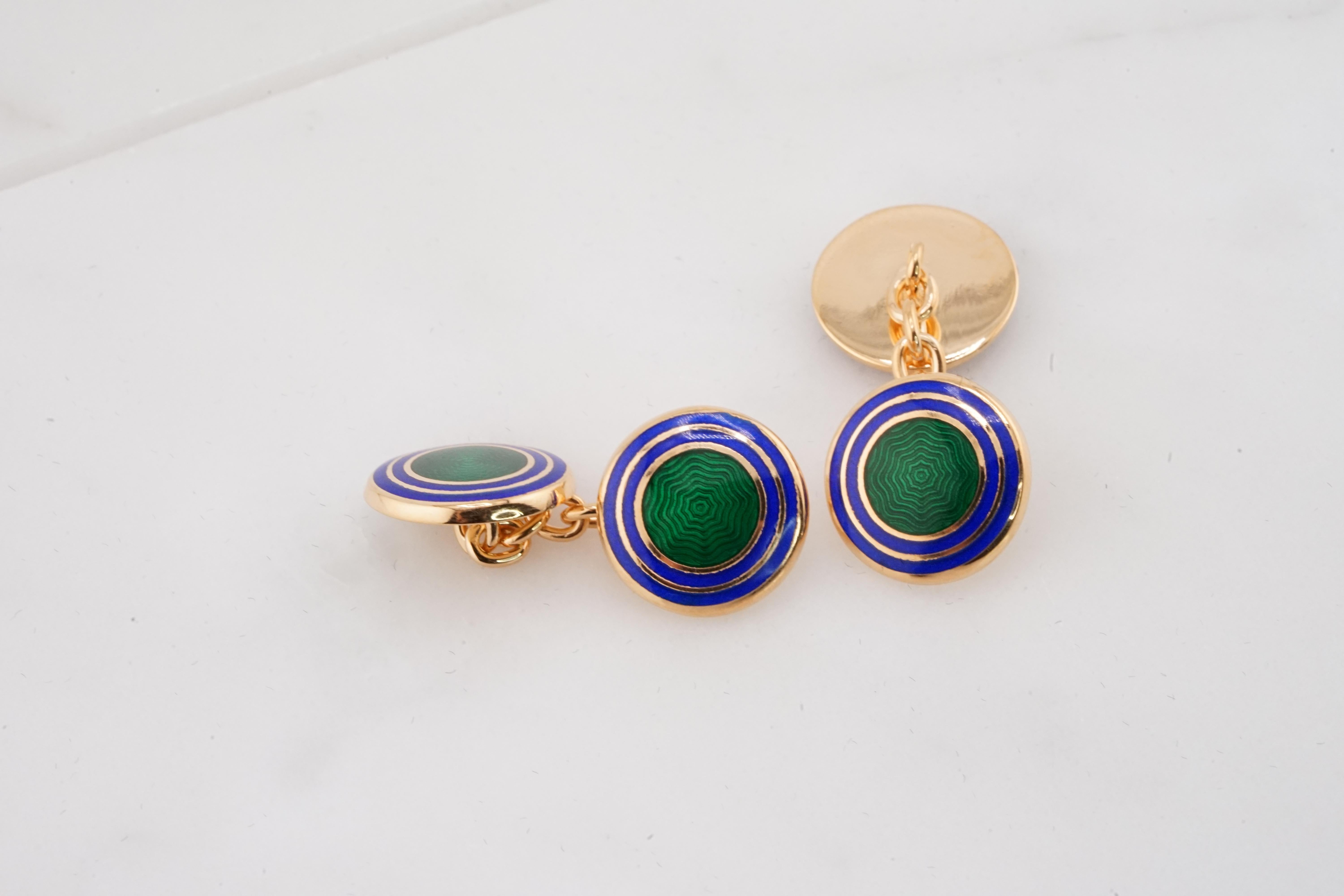 Contemporary Round Navy Blue Green Enameled Sterling Silver Cufflinks-Double Round Cufflinks For Sale