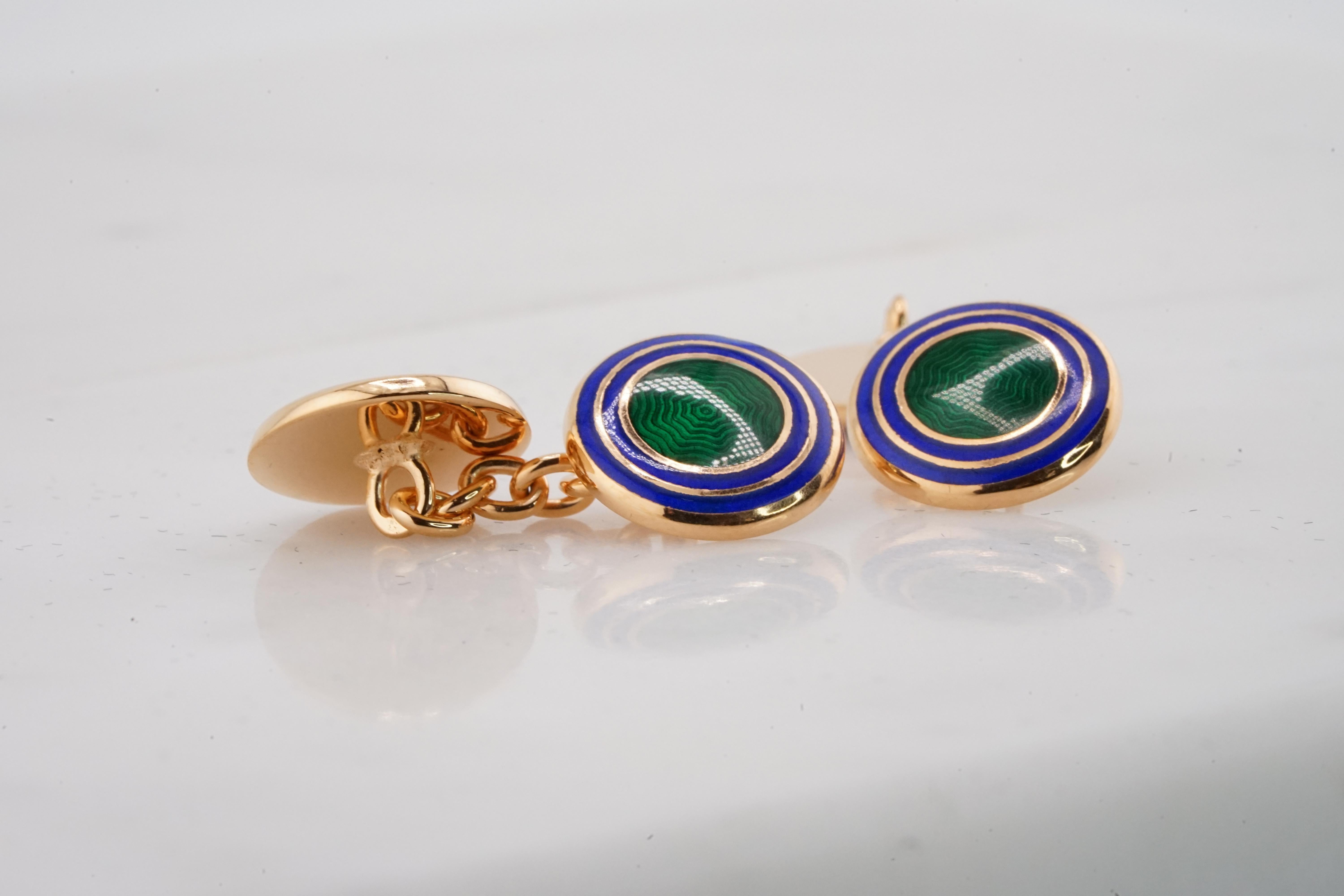 Round Navy Blue Green Enameled Sterling Silver Cufflinks-Double Round Cufflinks In New Condition For Sale In Chicago, IL