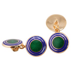 Round Navy Blue Green Enameled Sterling Silver Cufflinks-Double Round Cufflinks