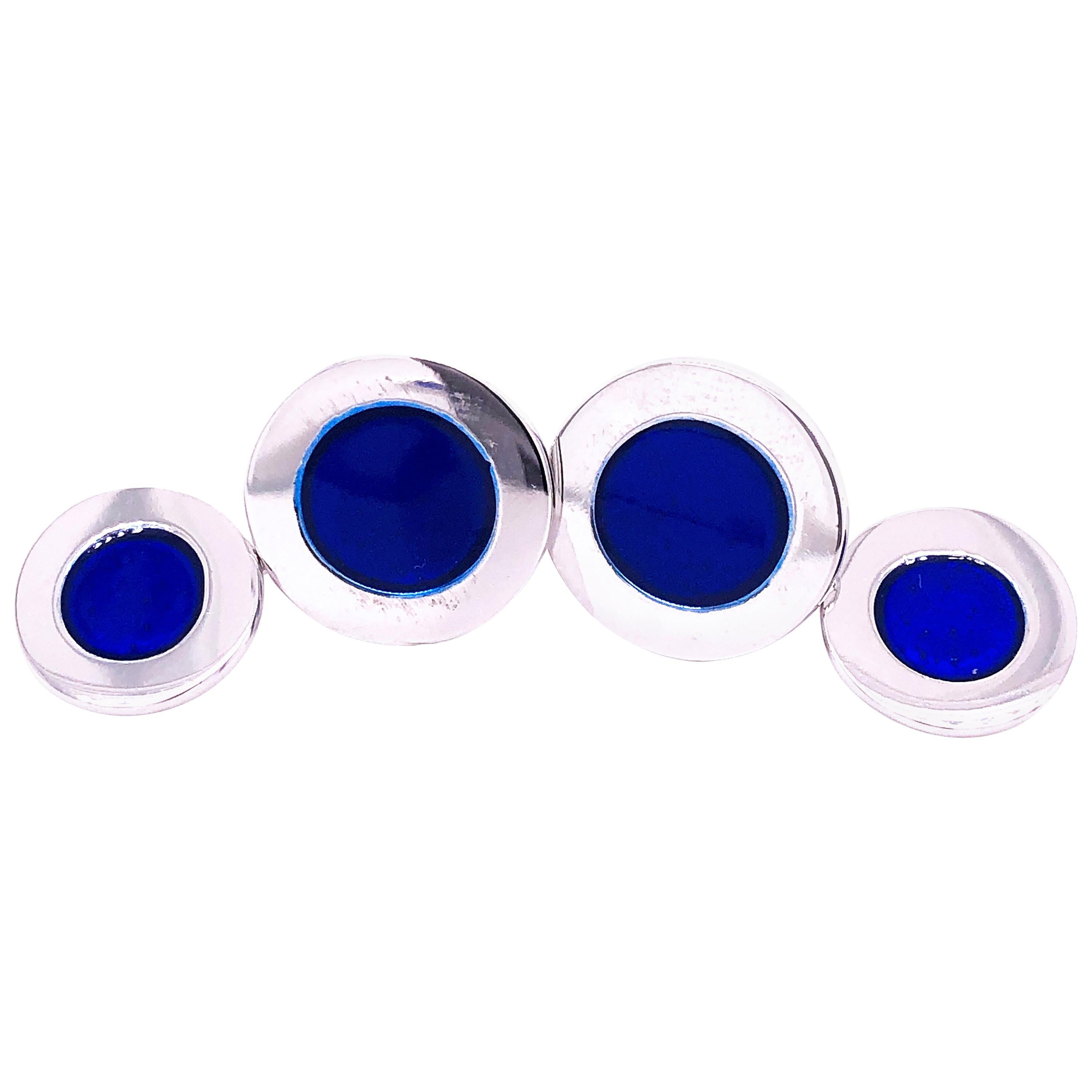 Berca Round Navy Blue Hand Enameled Sterling Silver Cufflinks