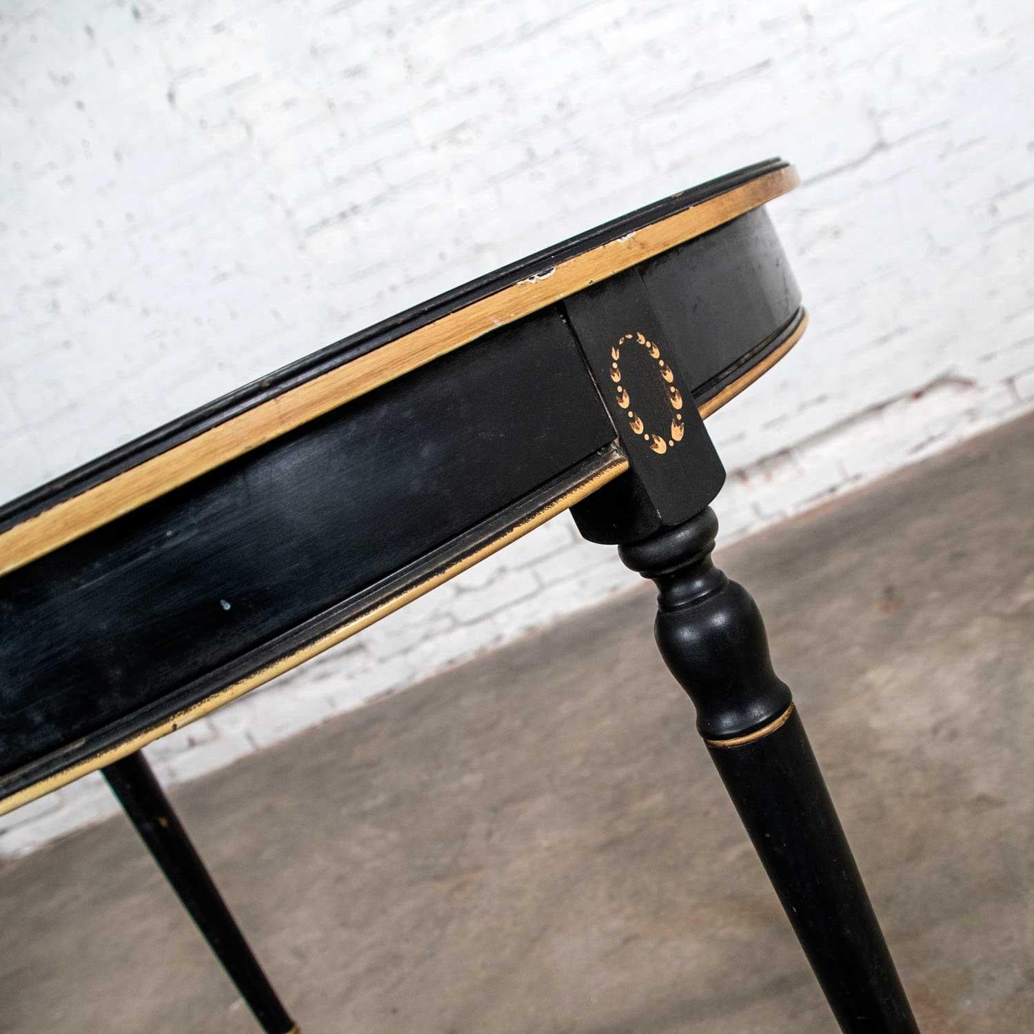 20th Century Round Neoclassical Dining Table Center Table Black Age-Distressed Finish w/ Gold