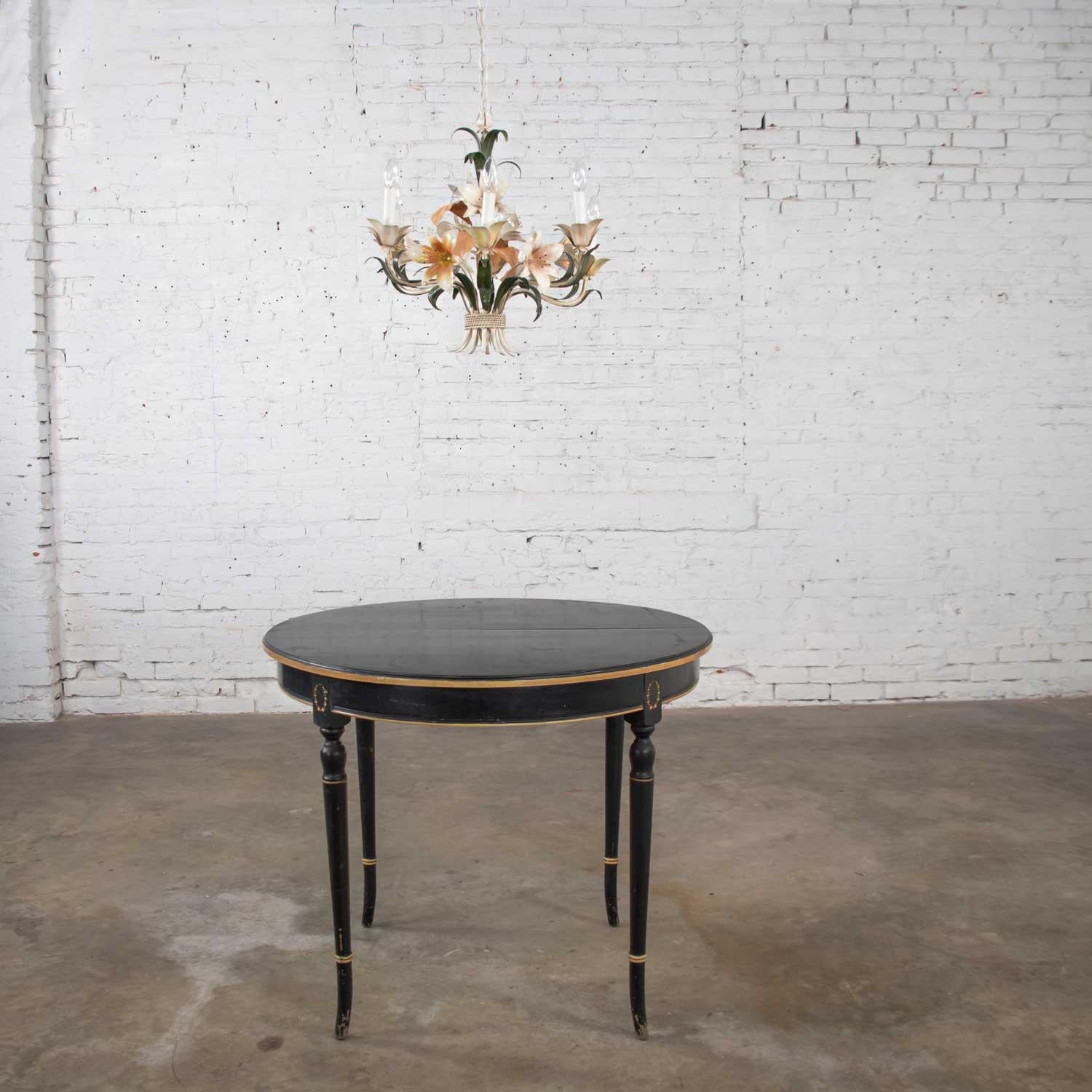 Round Neoclassical Dining Table Center Table Black Age-Distressed Finish w/ Gold 4