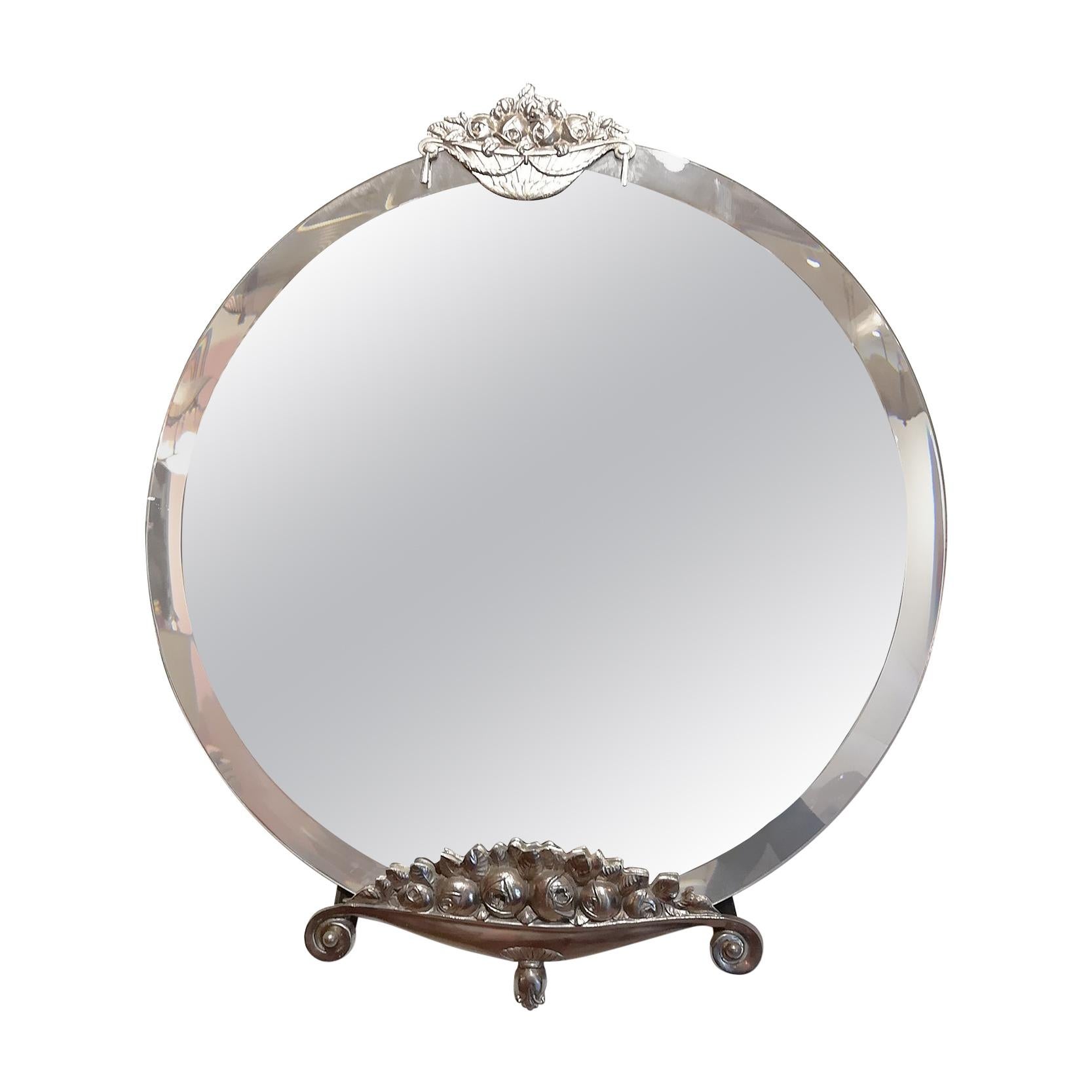 Round Nickel-Plated French Art Deco Wall Mirror For Sale