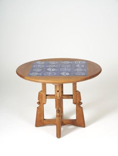 Round oak and ceramic coffee table by Guillerme and Chambron, 1960s