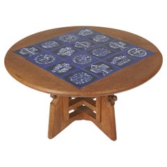Round oak and ceramic coffee table by Guillerme and Chambron, 1960s