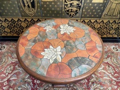 Round Oak and Ceramic Dining Table, Signed Barrois, 1970
