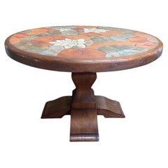 Round Oak and Ceramic Dining Table, Signed Barrois, 1970