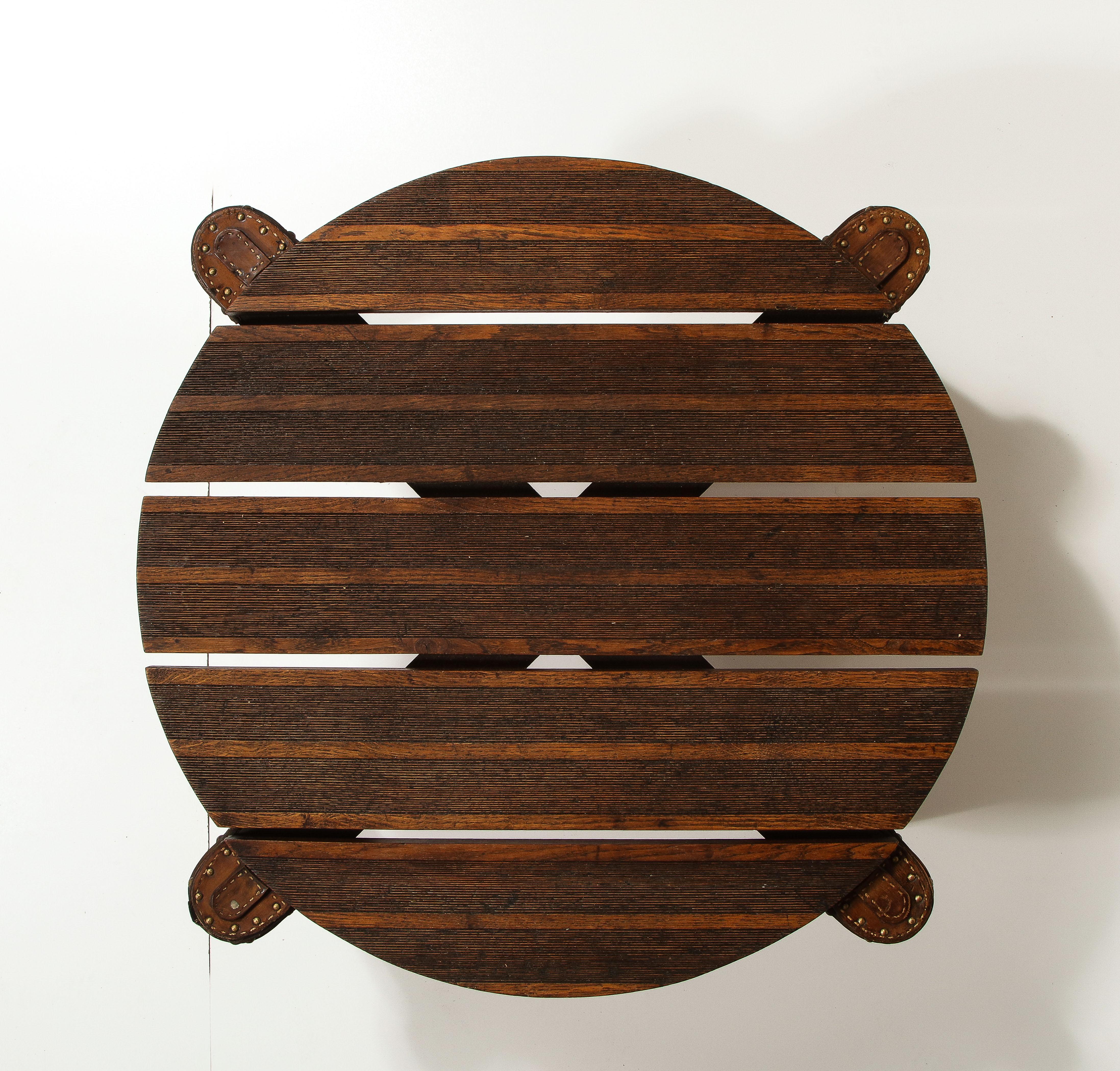 Round Oak and Leather Coffee Table by Jacques Adnet, France, c. Mid-20th Century For Sale 5