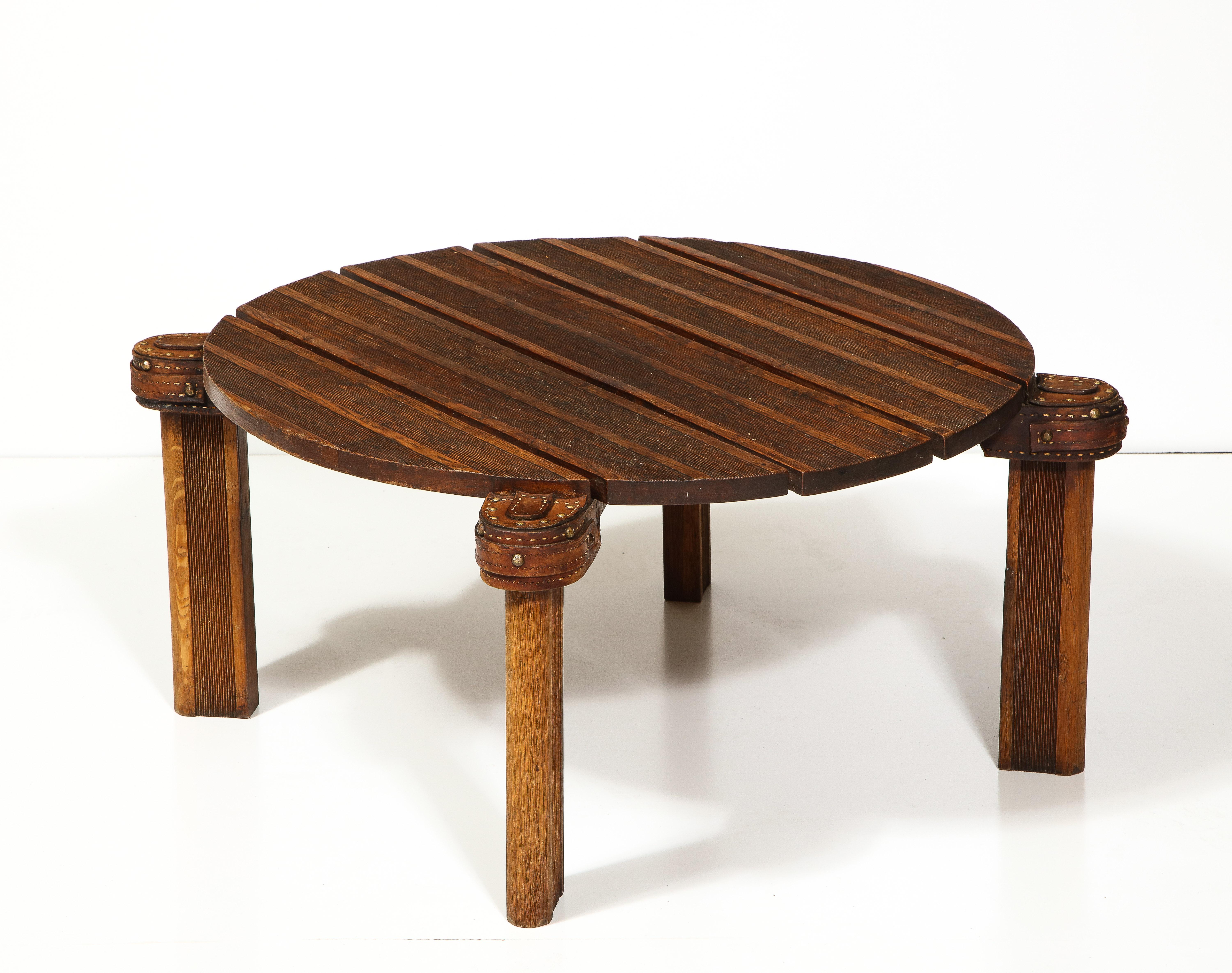 Round Oak and Leather Coffee Table by Jacques Adnet, France, c. Mid-20th Century For Sale 7