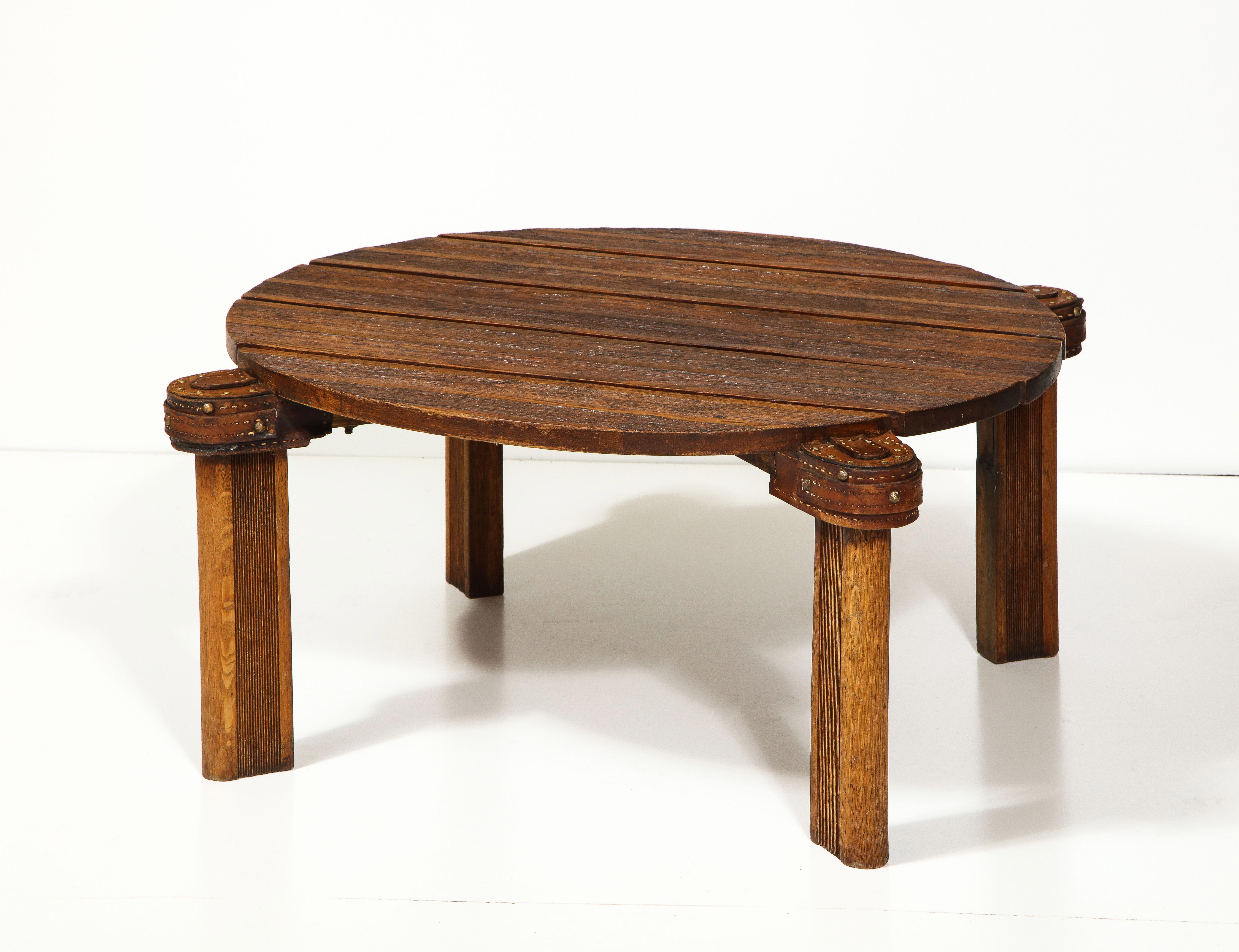 Round Oak and Leather Coffee Table by Jacques Adnet, France, c. Mid-20th Century In Good Condition For Sale In New York City, NY