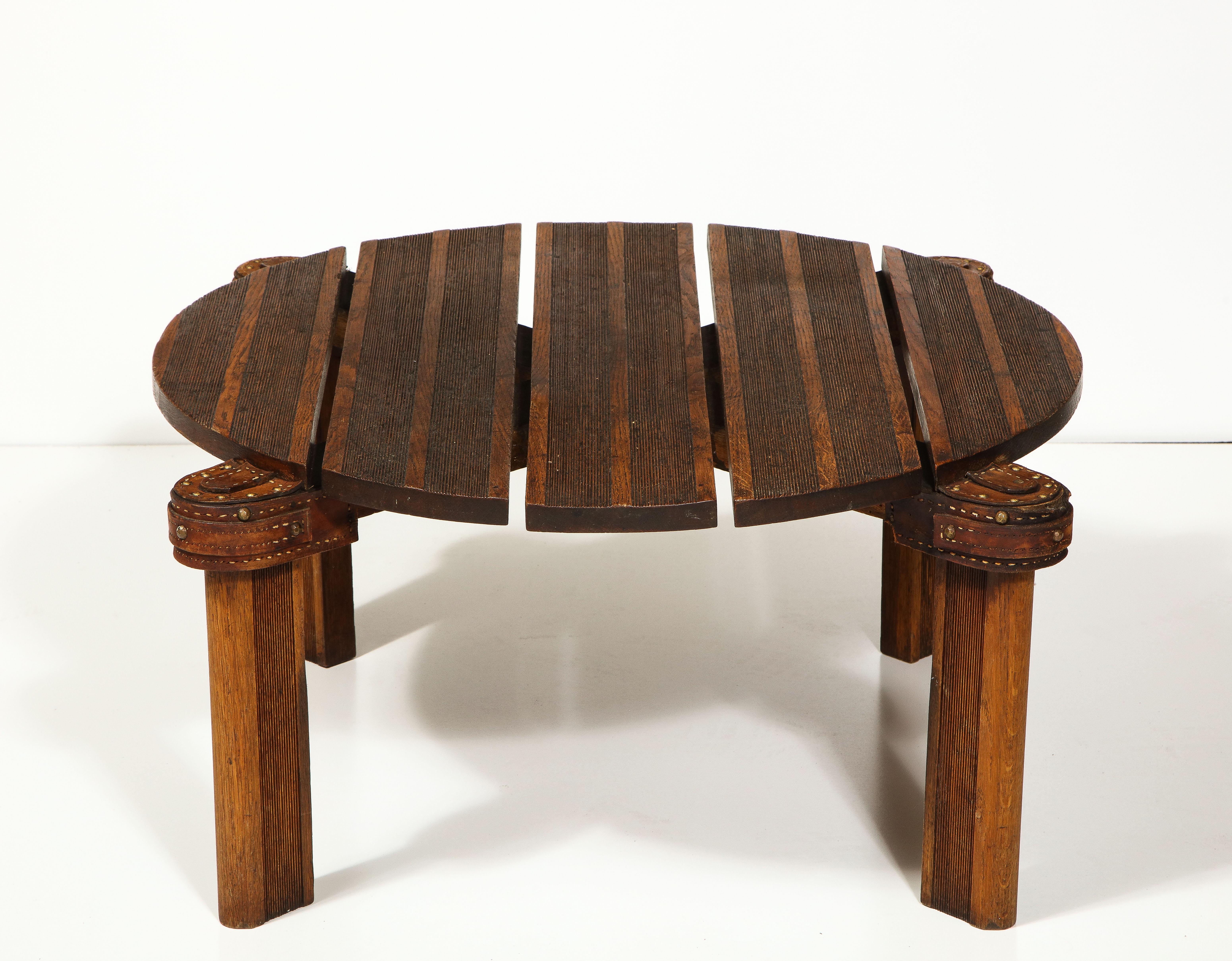 Round Oak and Leather Coffee Table by Jacques Adnet, France, c. Mid-20th Century For Sale 4