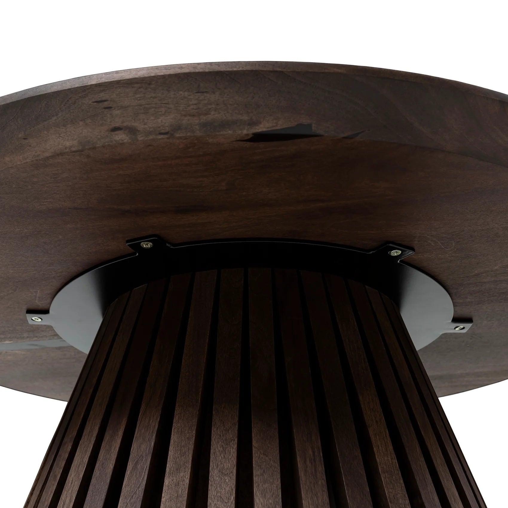 Contemporary Round Oak Coffee Table, Chocolate, Wood Leg For Sale