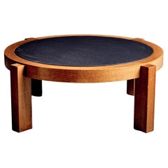 Round Oak Coffee Table with dark Slate Top France, 1960s