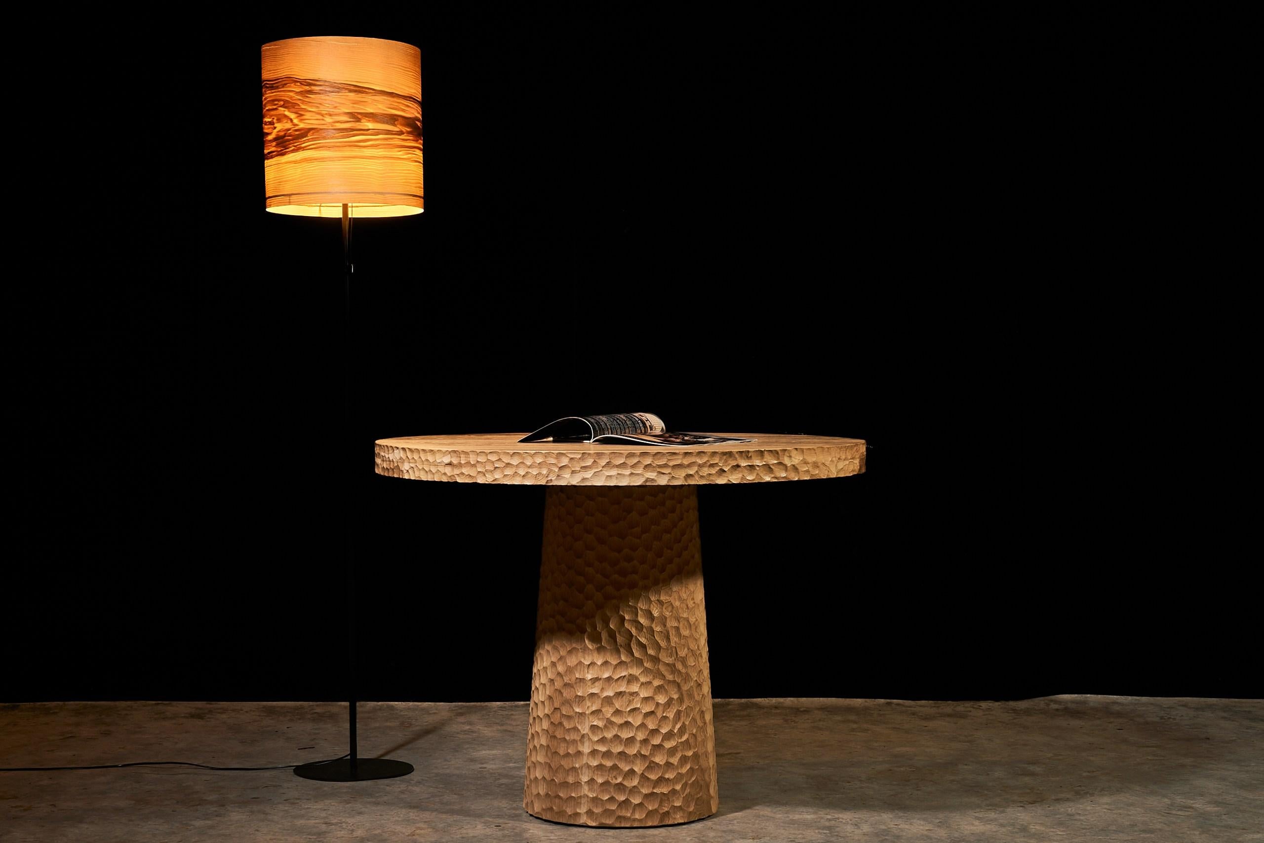 Contemporary Round Solid Oak Dining Table with Hand-Carved Texture and Cone Base be Vulpe For Sale