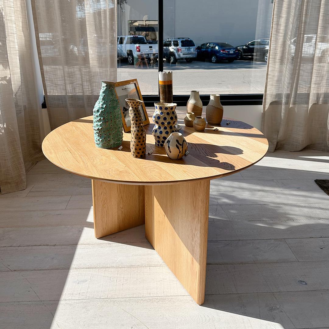 Modern Round Oak Entry + Dining Table For Sale