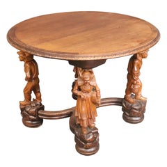 Round Oak French Center Coffee Table with Full Figure Carved Servant Supports