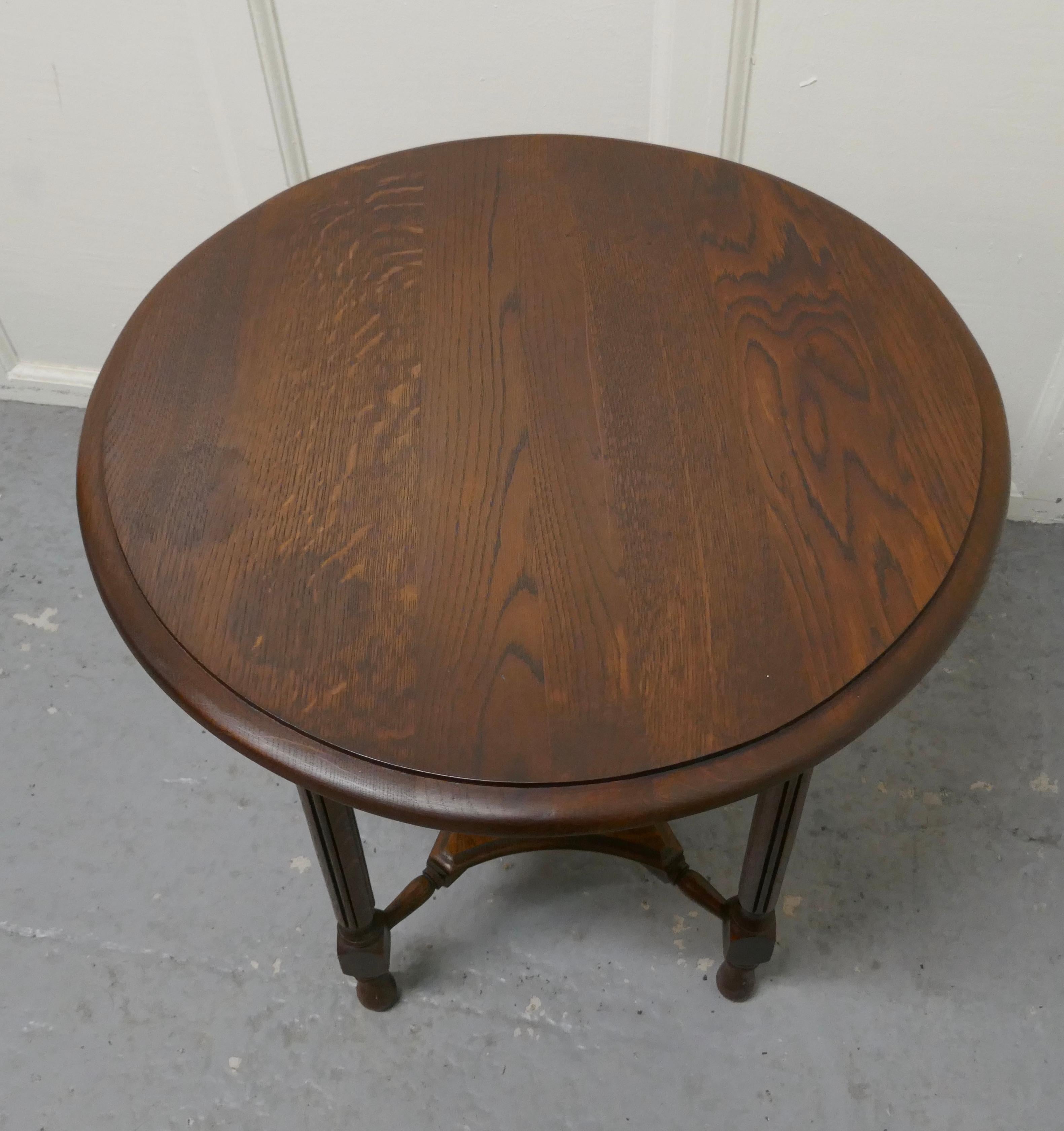 Round oak occasional table, with undertier

This useful little table has two tiers, the top is round with a deep moulded edge, and it is set on elegant fluted and turned legs

This is a very attractive piece, it 1s in good condition for its age
