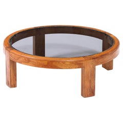 Round Oak Smoked Glass Coffee Table, France 1950
s