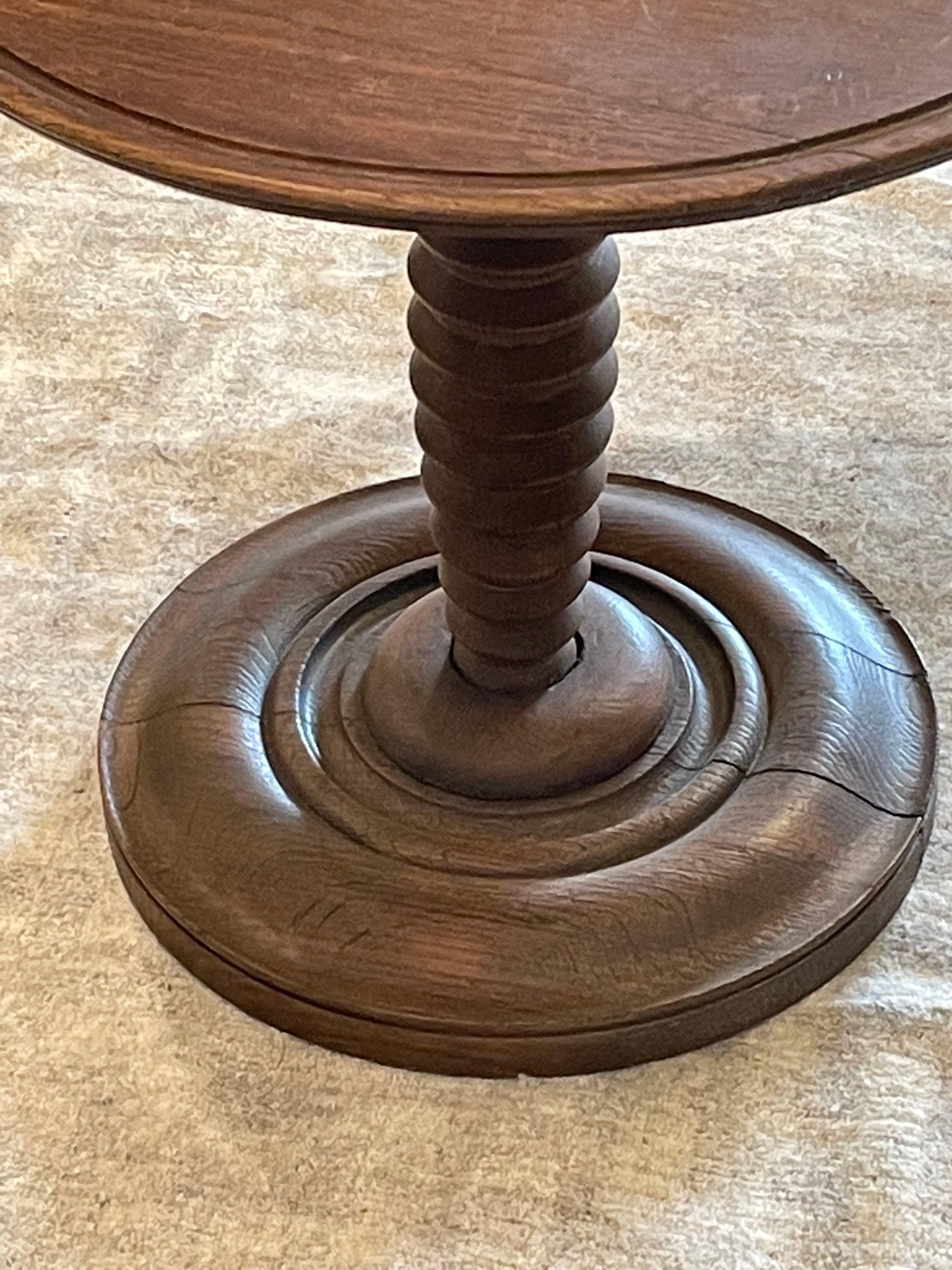 French Round Oak Tiered Column Base Side Table, France, Mid Century