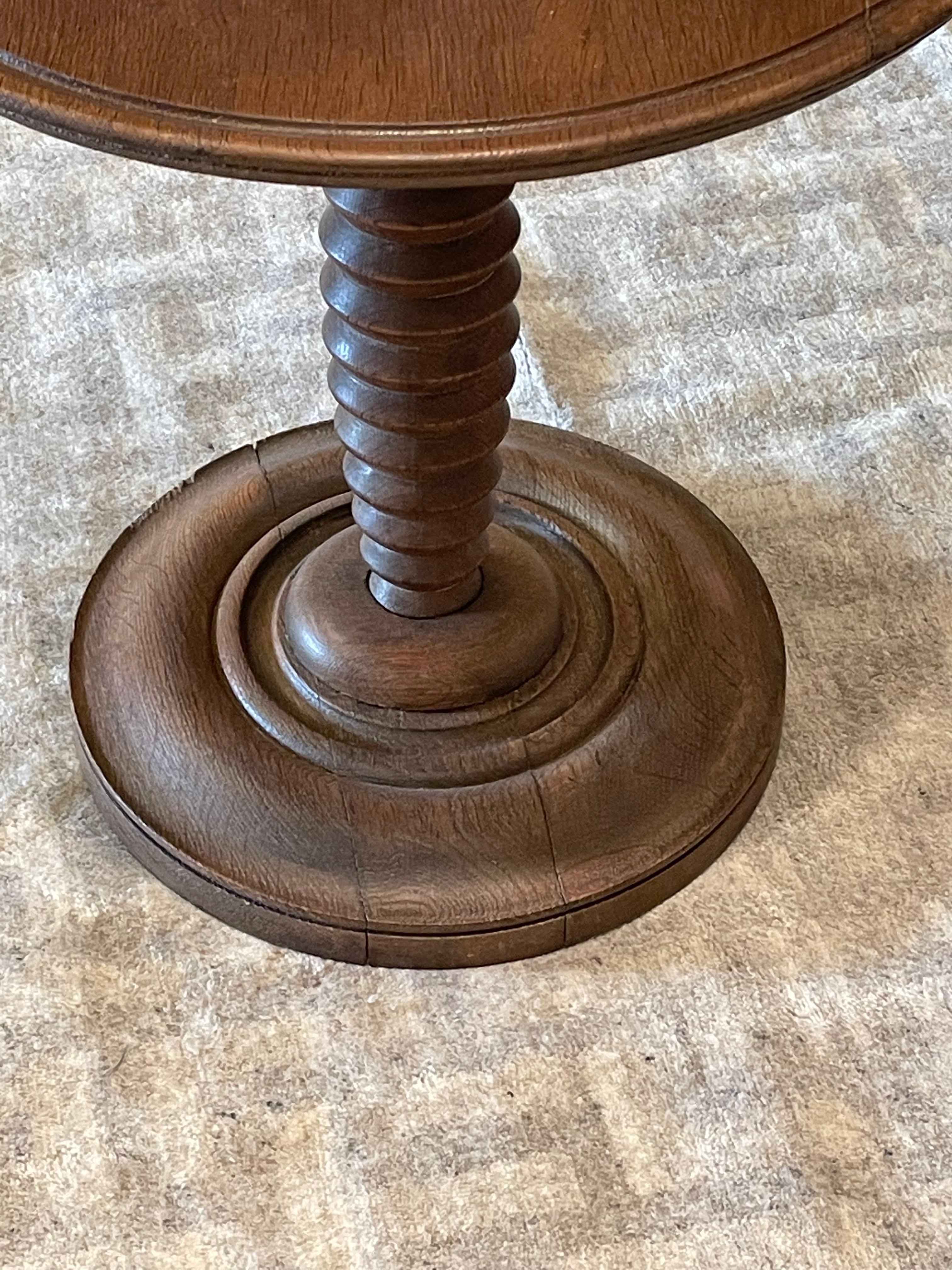 Round Oak Tiered Column Base Side Table, France, Mid Century 1