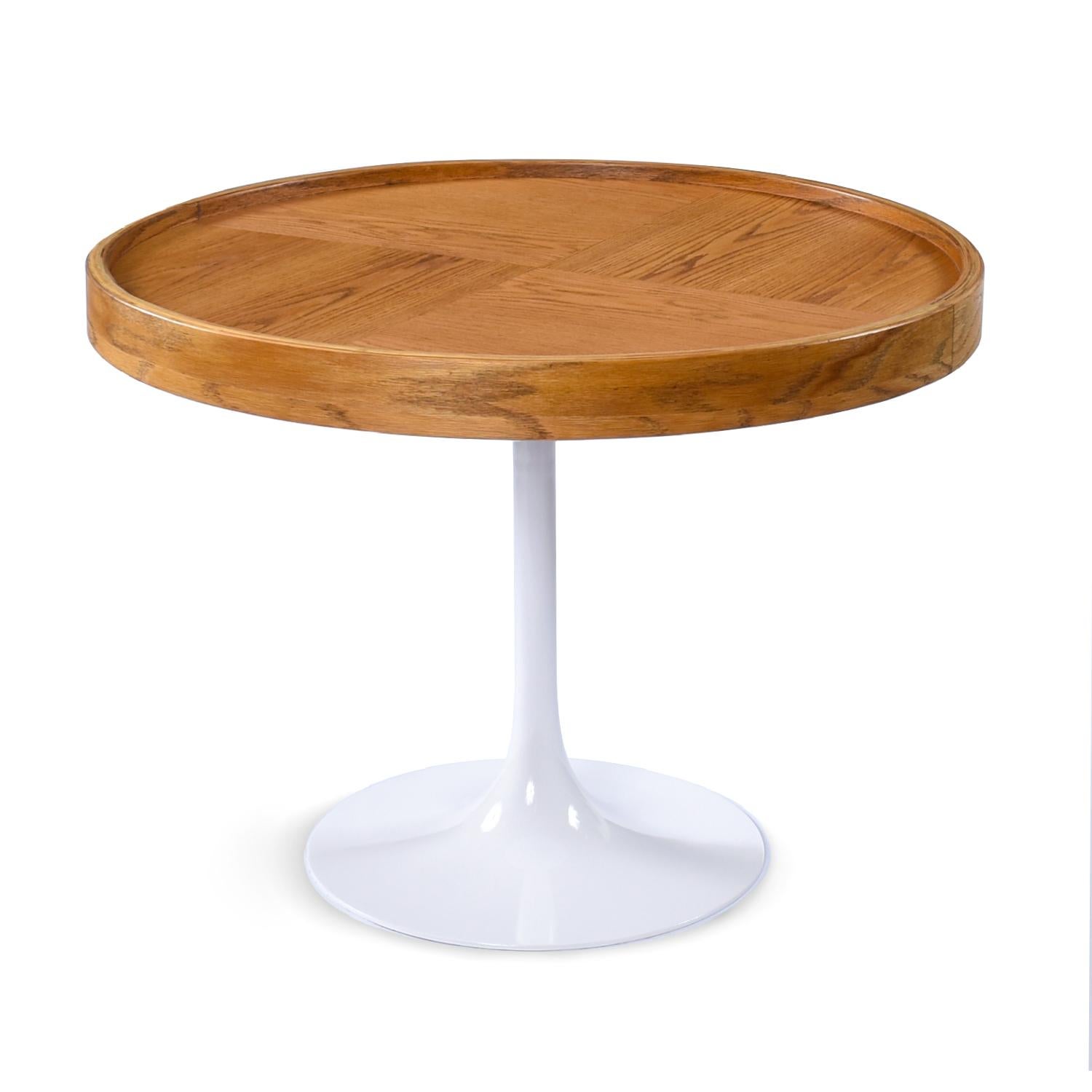 Swanky Post-Modern dining set comprised of four DIA dining chairs and a round Tulip Table. The custom made, oak top, Saarinen style base gaming table. The table is a one-of-a-kind piece created from a vintage oak table top and Burke tulip table