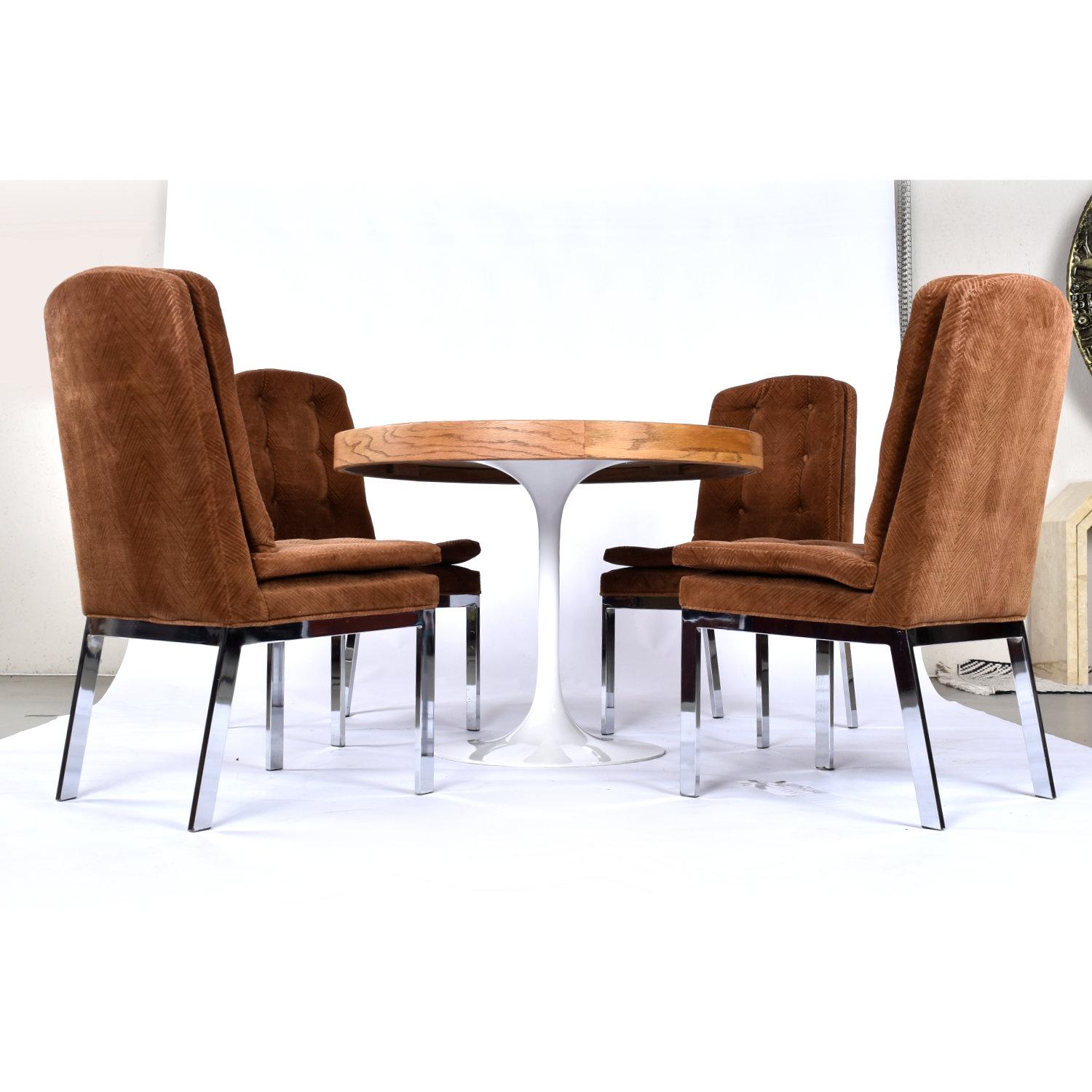 Mid-Century Modern Round Oak Tulip Pedestal Table with 4 Brown and Chrome Parsons Dining Chairs