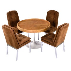 Round Oak Tulip Pedestal Table with 4 Brown and Chrome Parsons Dining Chairs