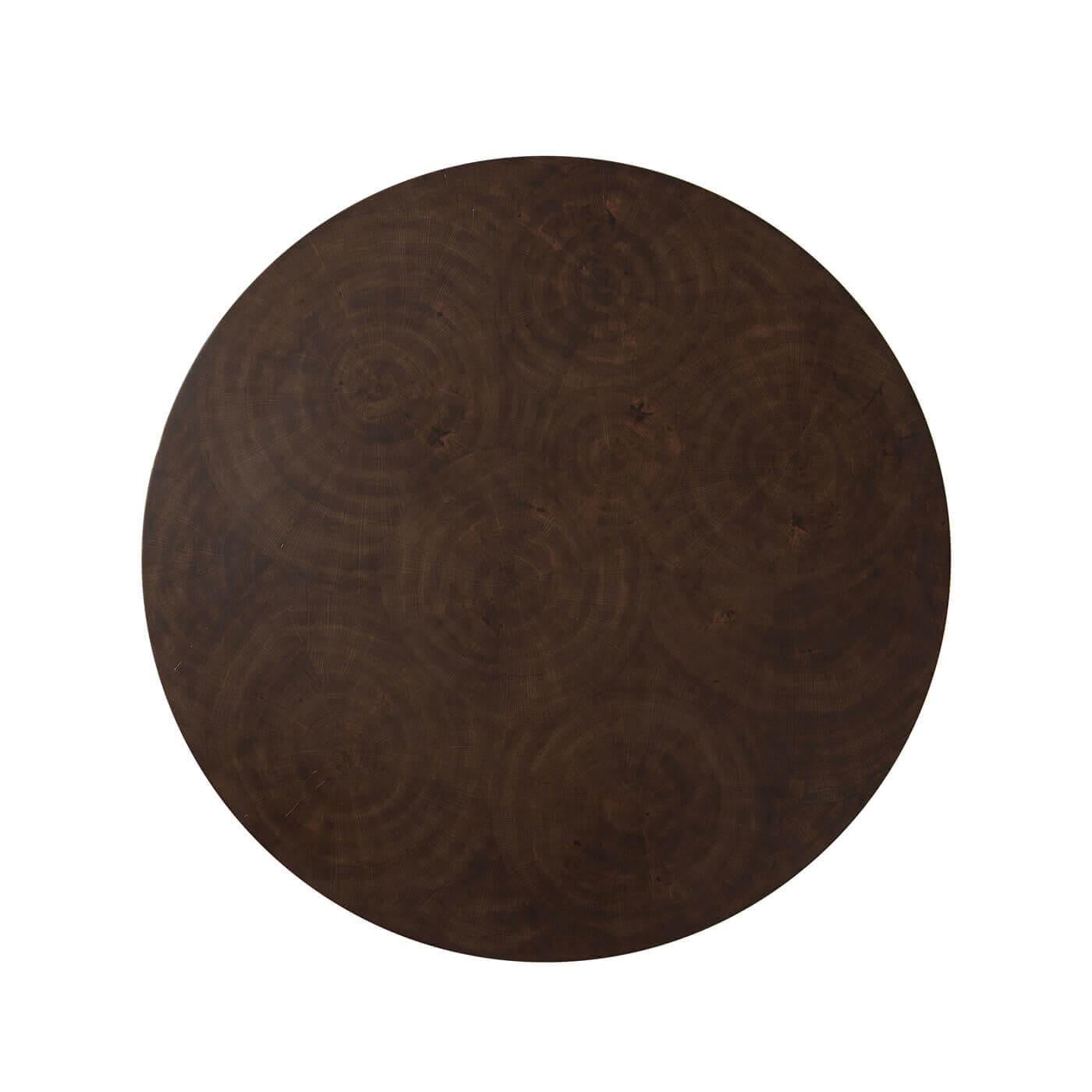 A modern circular oak veneered coffee table. This beautiful table has reclaimed oak veneered curved sides in a 