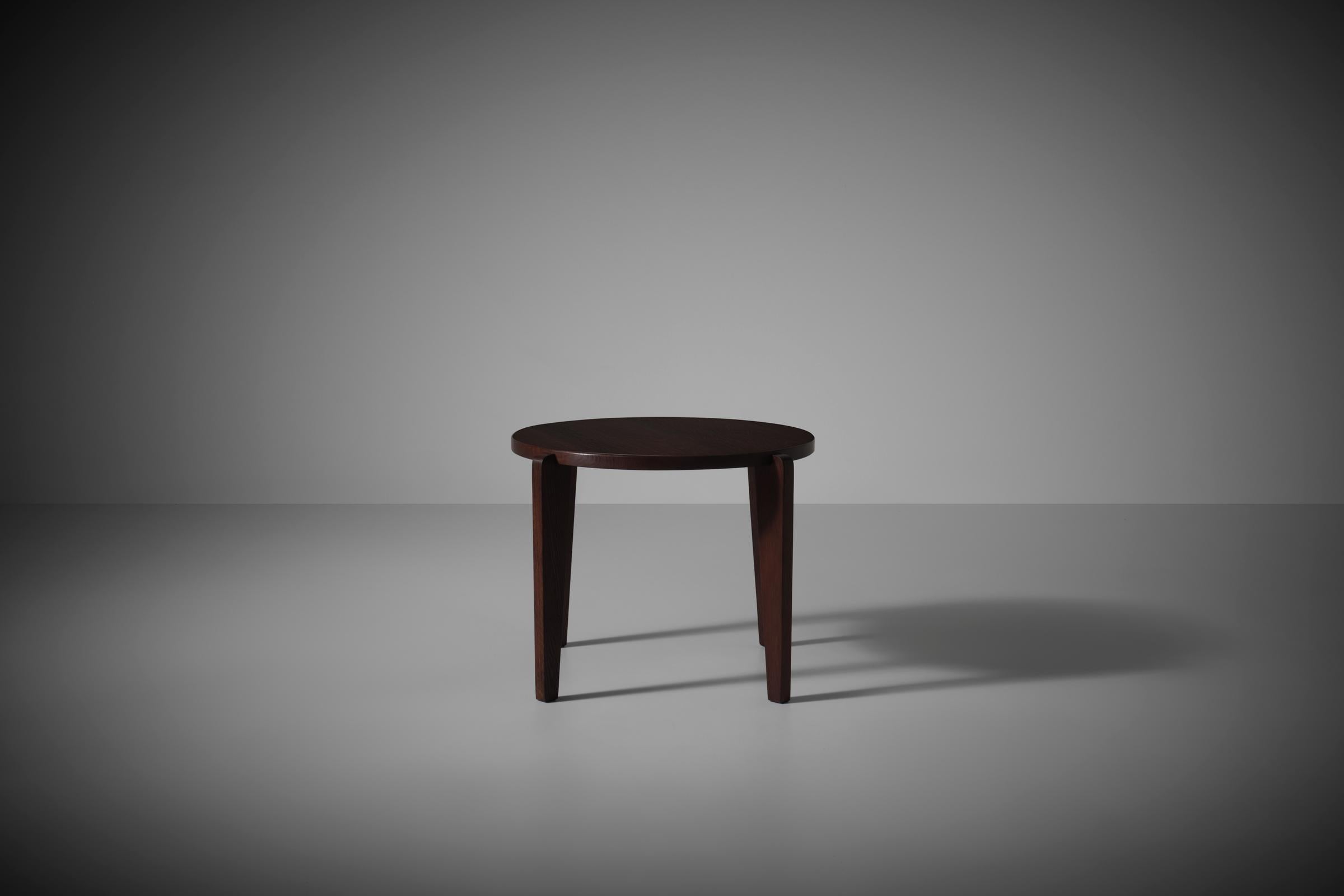 Round Oak wooden Reconstruction side table, France 1950s 1