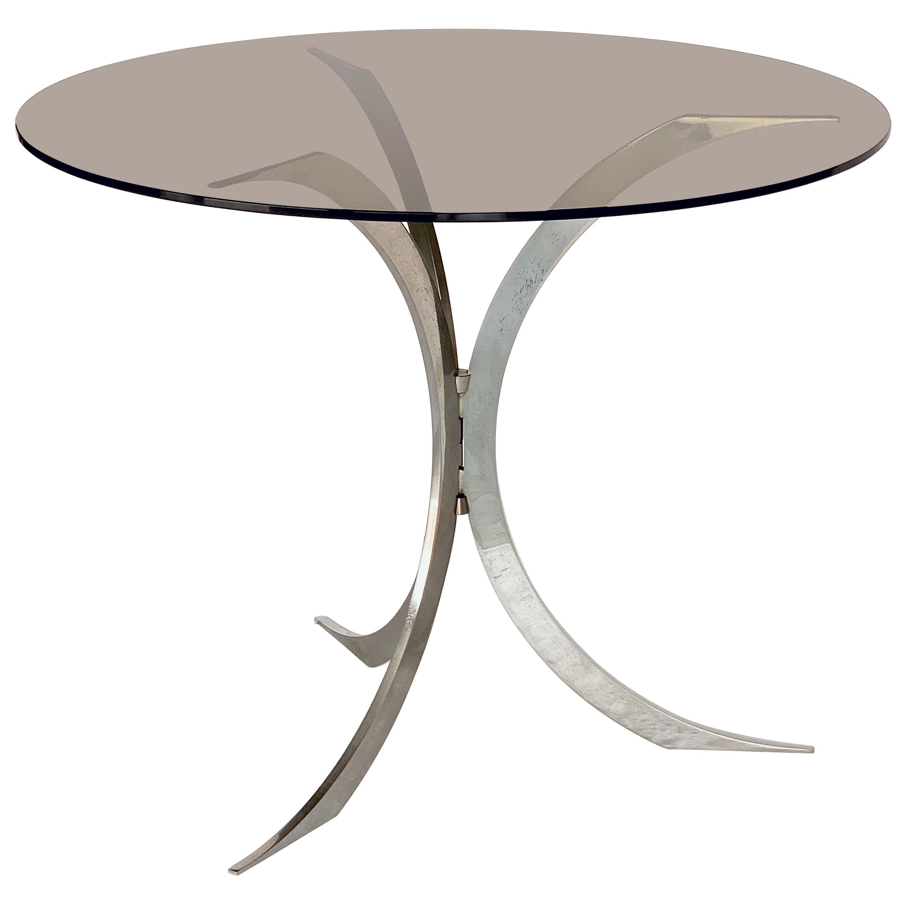 Round Occasional Table of Chrome Metal with Smoked Glass Top from England