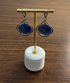 Round Ocean Blue Larimar 14K Yellow Gold Statement Unique Earrings