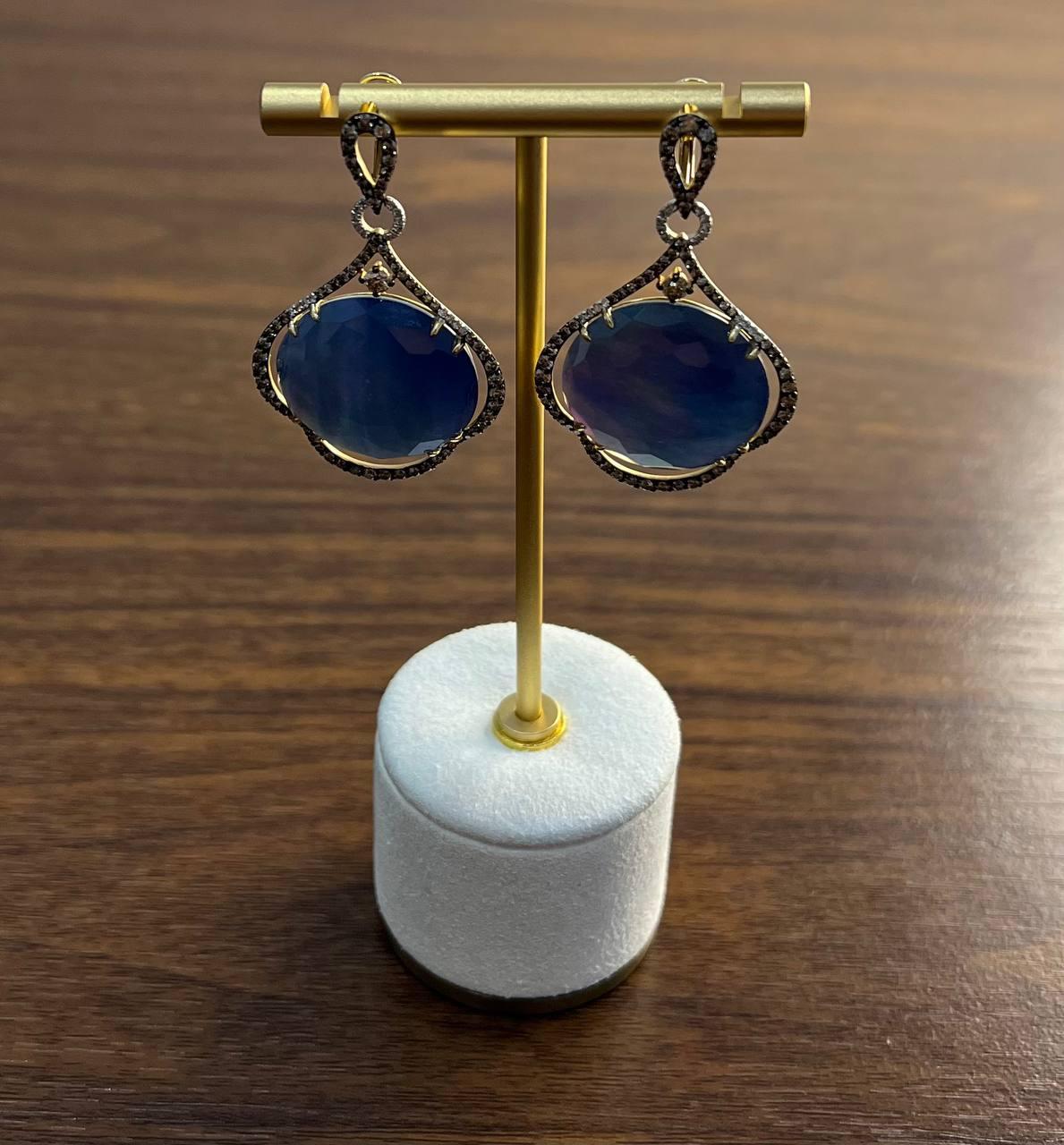 Mixed Cut Round Ocean Blue Larimar 14K Yellow Gold Statement Unique Earrings For Sale