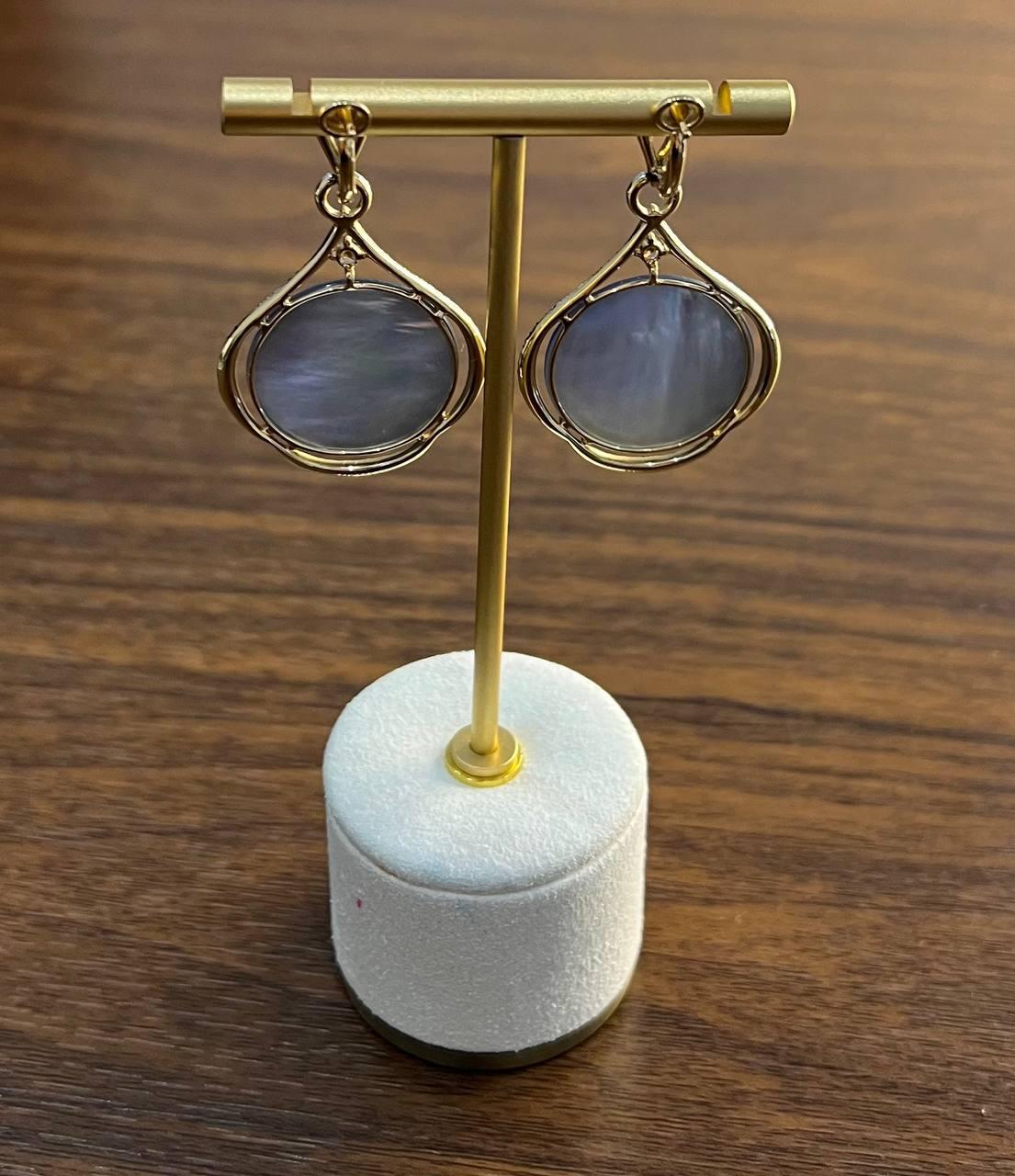 Round Ocean Blue Larimar 14K Yellow Gold Statement Unique Earrings In New Condition For Sale In Oakton, VA