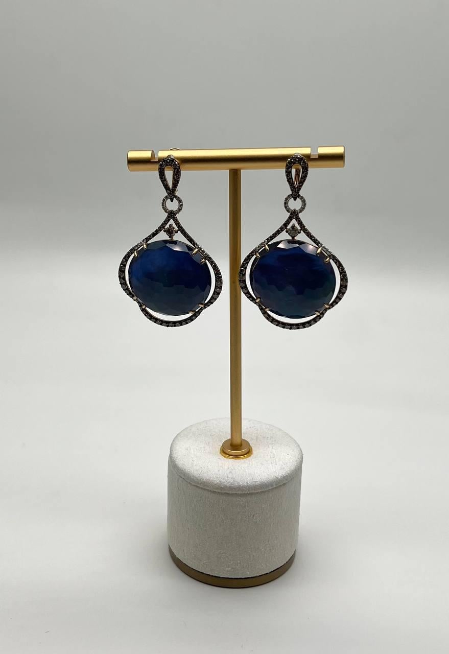 Round Ocean Blue Larimar 14K Yellow Gold Statement Unique Earrings For Sale 2