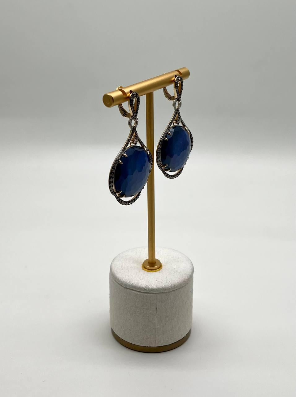 Round Ocean Blue Larimar 14K Yellow Gold Statement Unique Earrings For Sale 4
