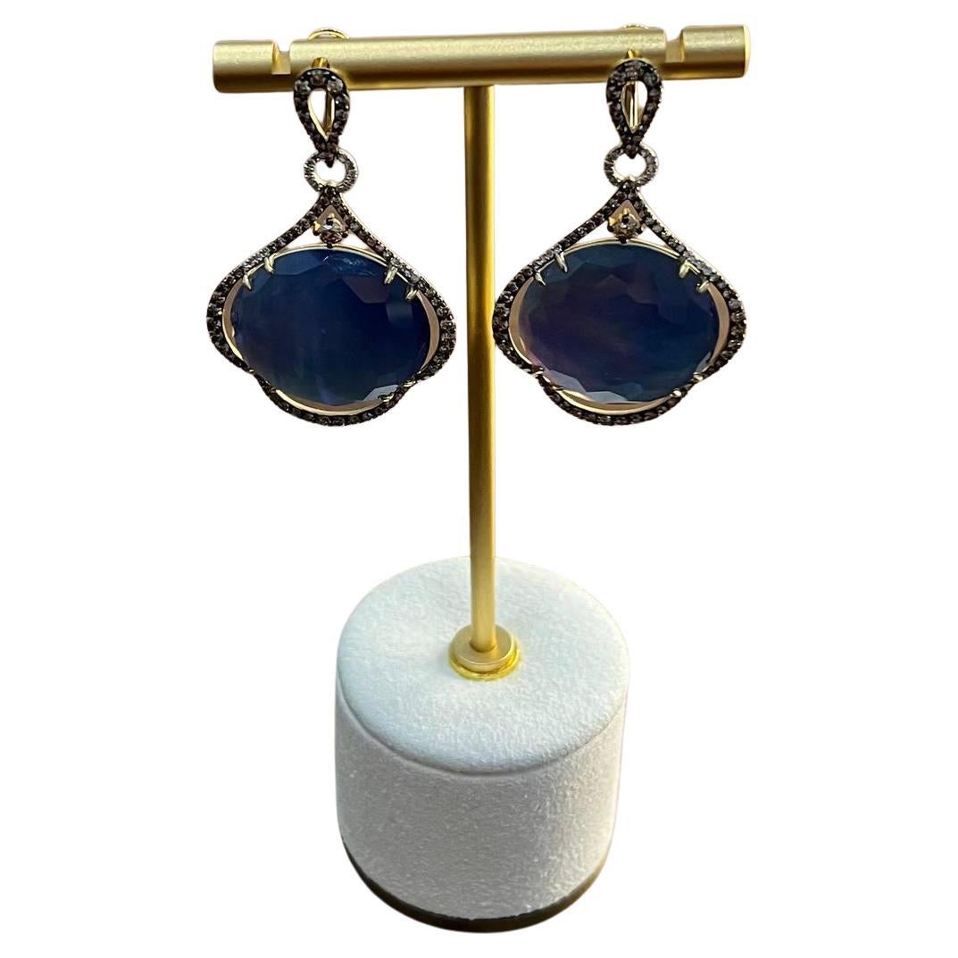 Round Ocean Blue Larimar 14K Yellow Gold Statement Unique Earrings For Sale