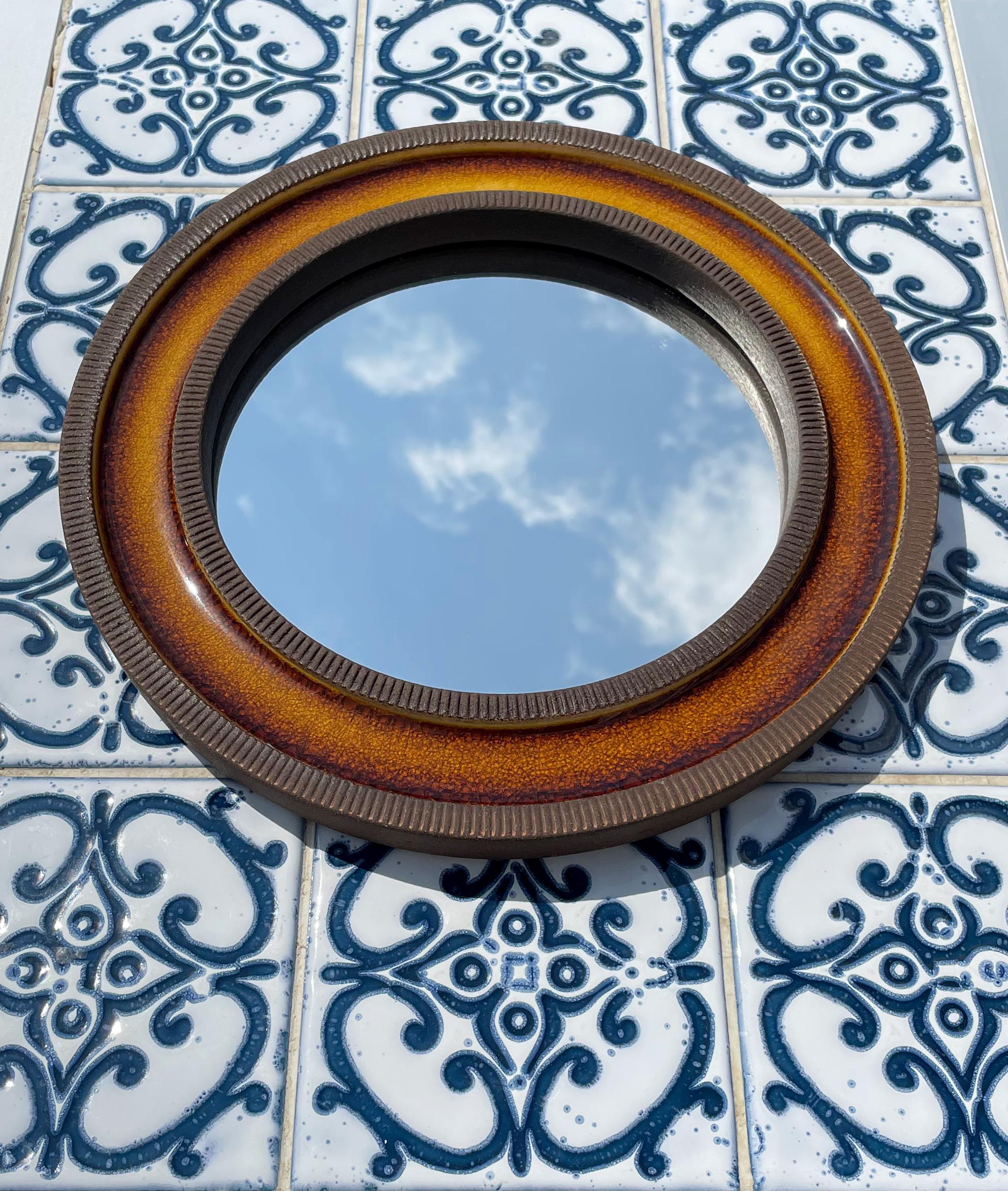 Mid-Century Modern Eric Reiff Round Ochre Danish Modern Ceramic Wall Mirror, 1960s For Sale