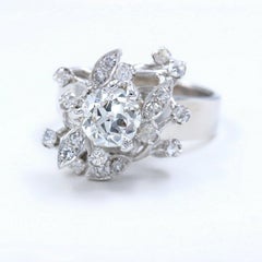 Round Old European Cut Diamond Flower Ring 1.12 Carat in 18 Karat White Gold