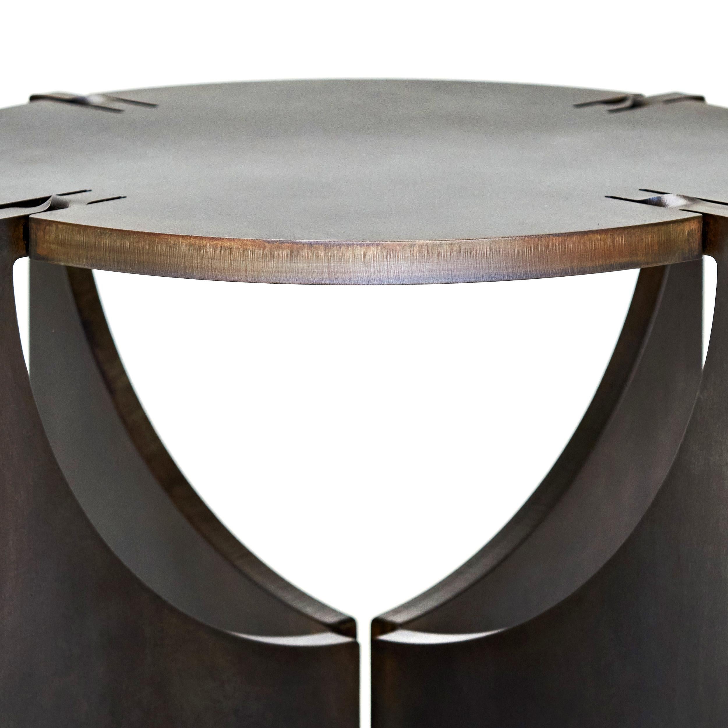 Contemporary Folded steel side table with dark bronze patina 'Round One' – by Frank Penders For Sale