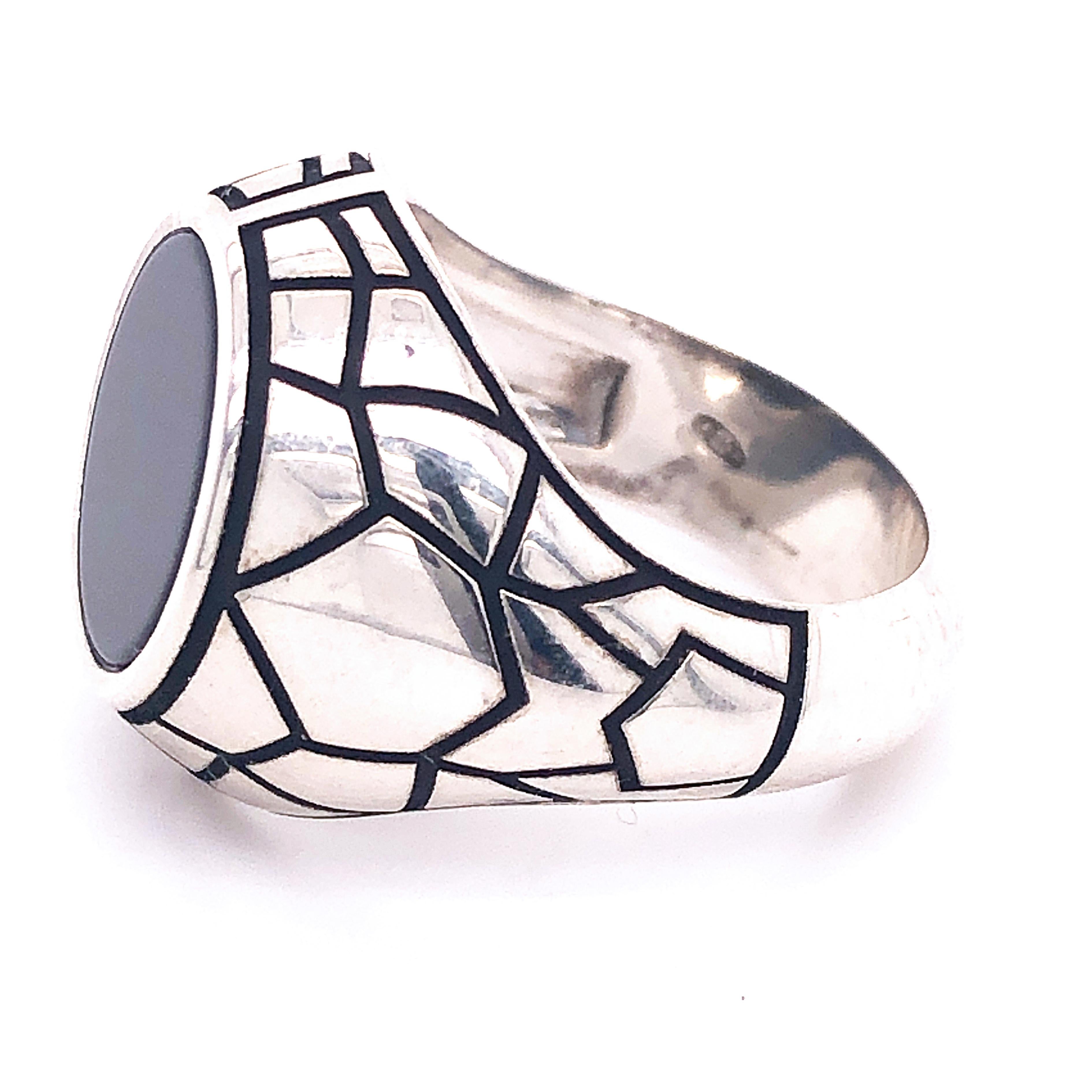Contemporary Berca Round Onyx Black Spiderweb Hand Enameled Sterling Silver Cocktail Ring For Sale