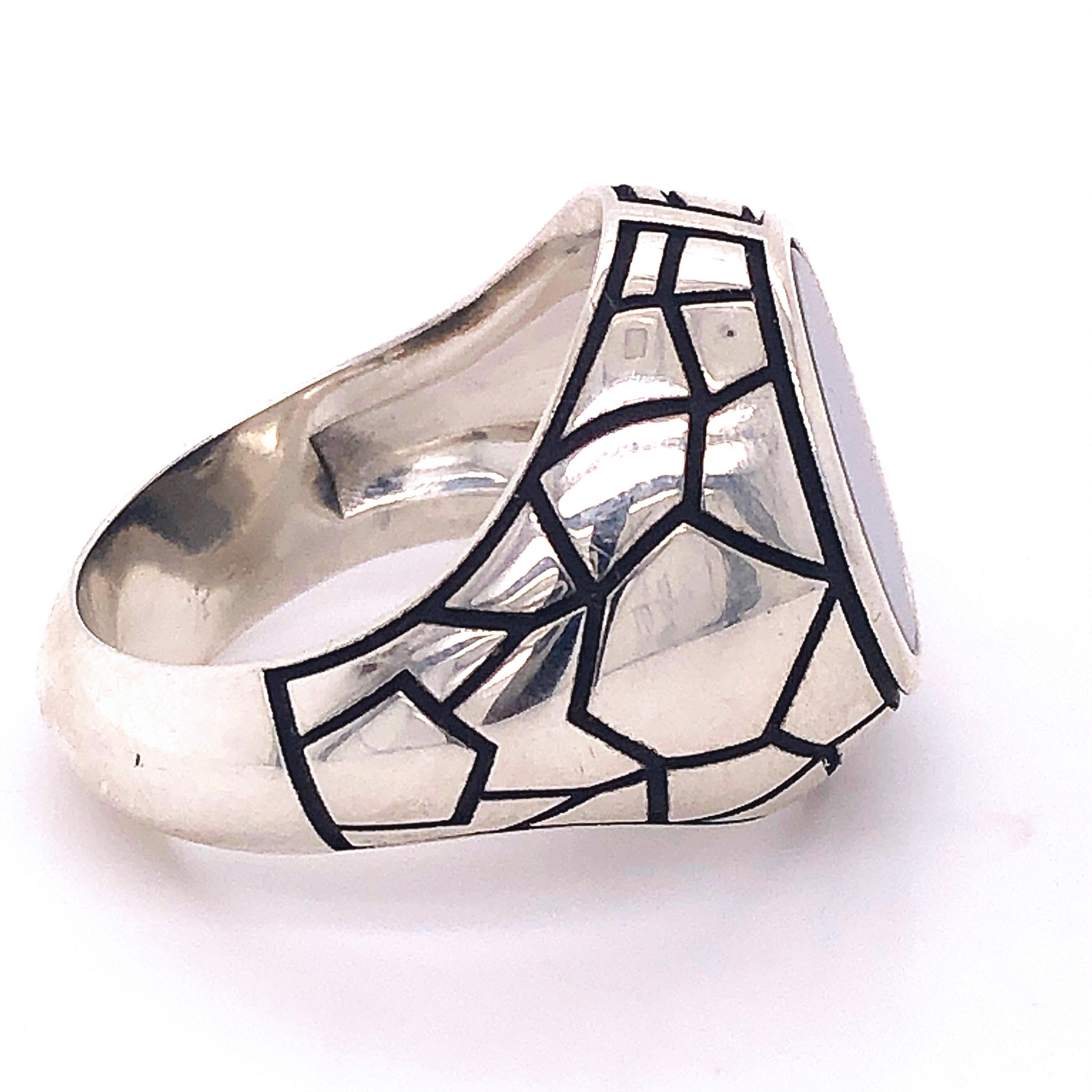 Round Cut Berca Round Onyx Black Spiderweb Hand Enameled Sterling Silver Cocktail Ring For Sale