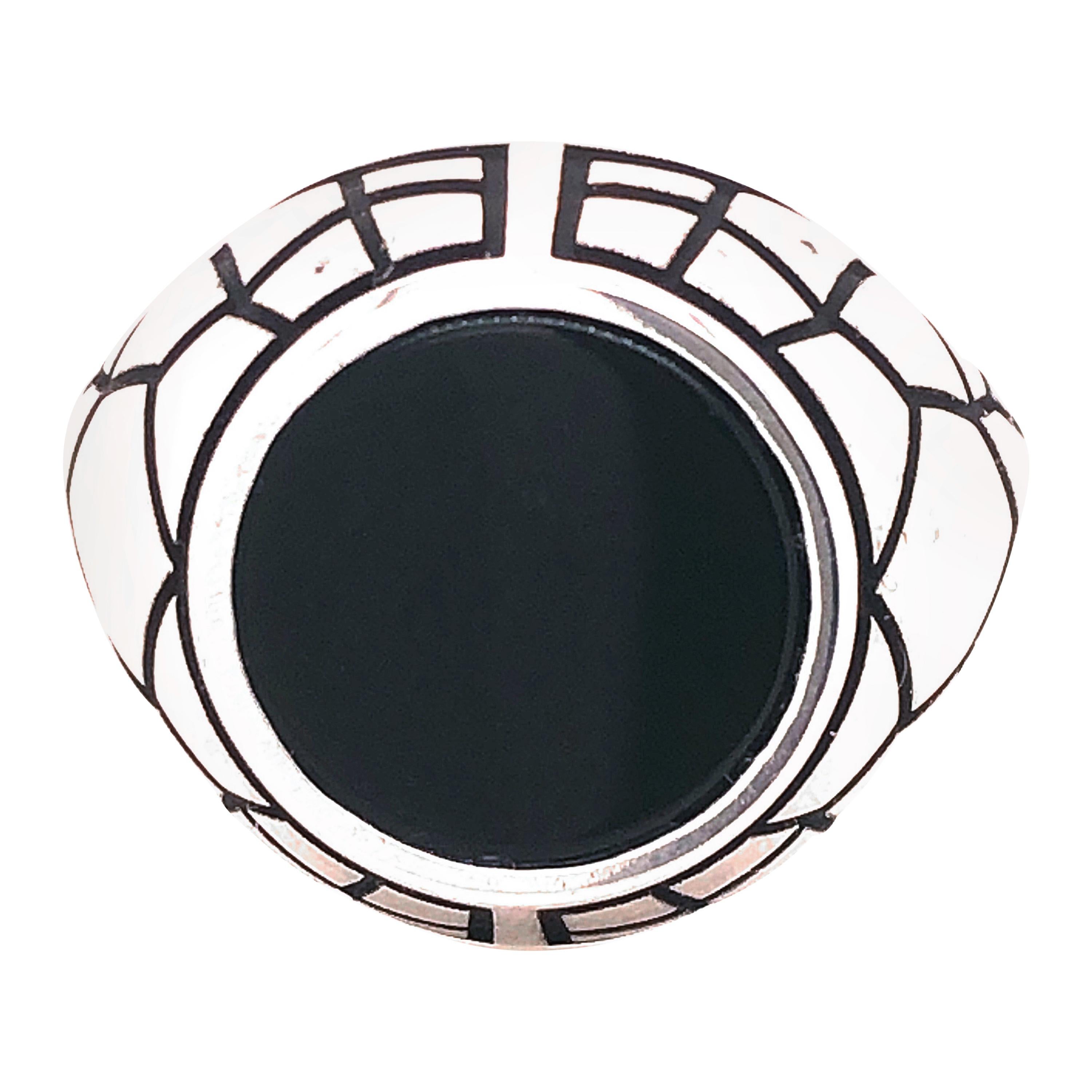 Berca Round Onyx Black Spiderweb Hand Enameled Sterling Silver Cocktail Ring For Sale