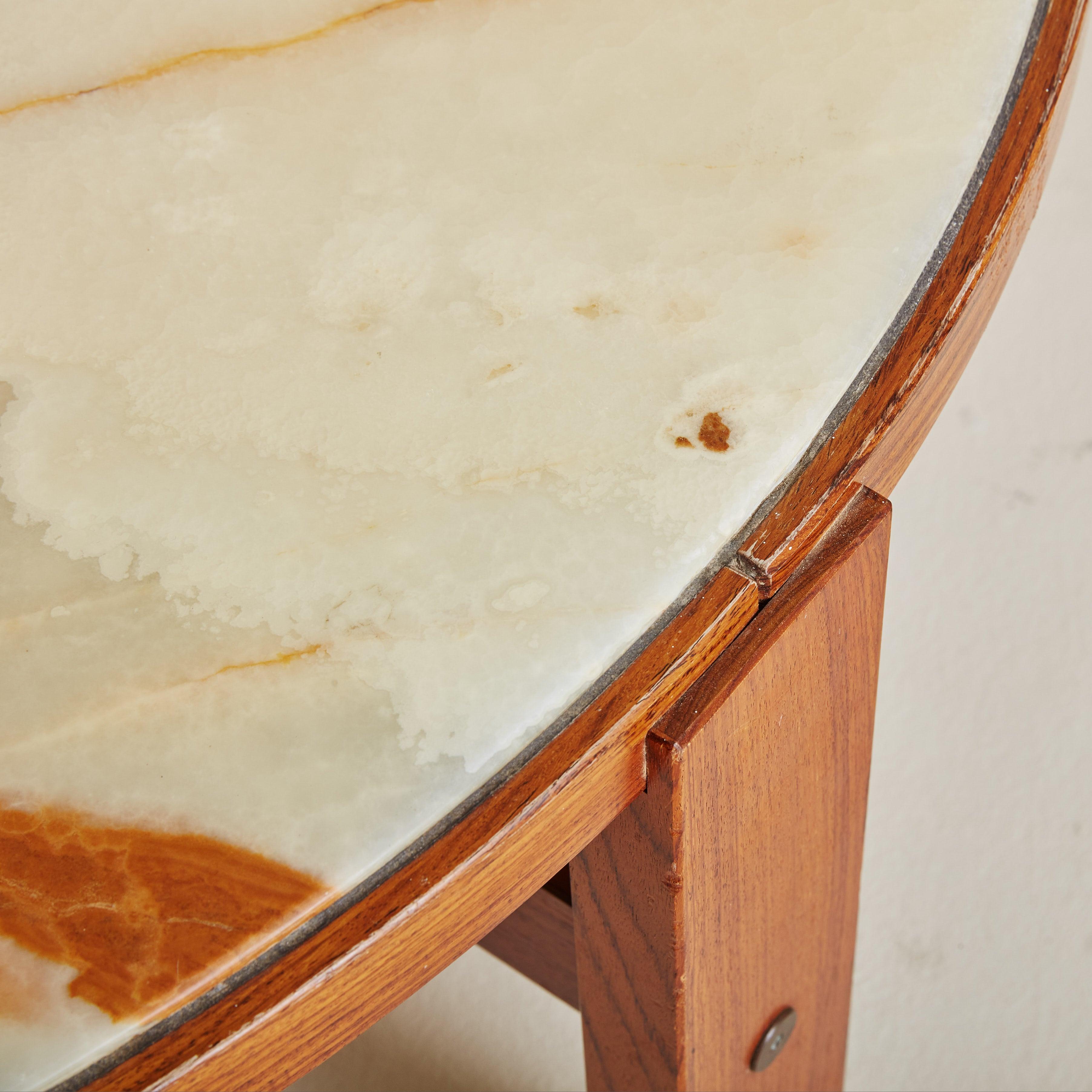 Scandinavian Modern Round Onyx + Wood Coffee Table Attributed to Trioh, Denmark 1960s
