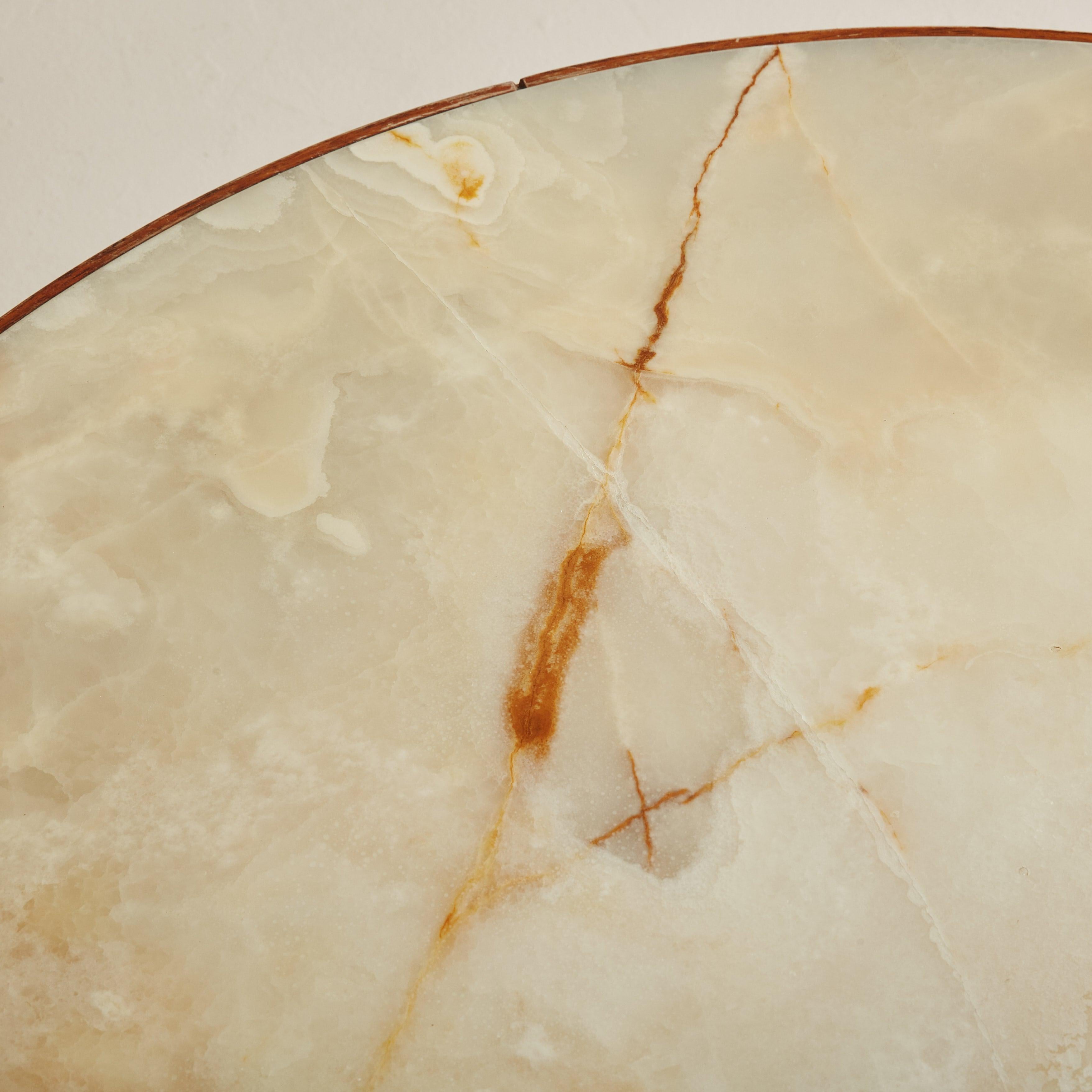 Danish Round Onyx + Wood Coffee Table Attributed to Trioh, Denmark 1960s