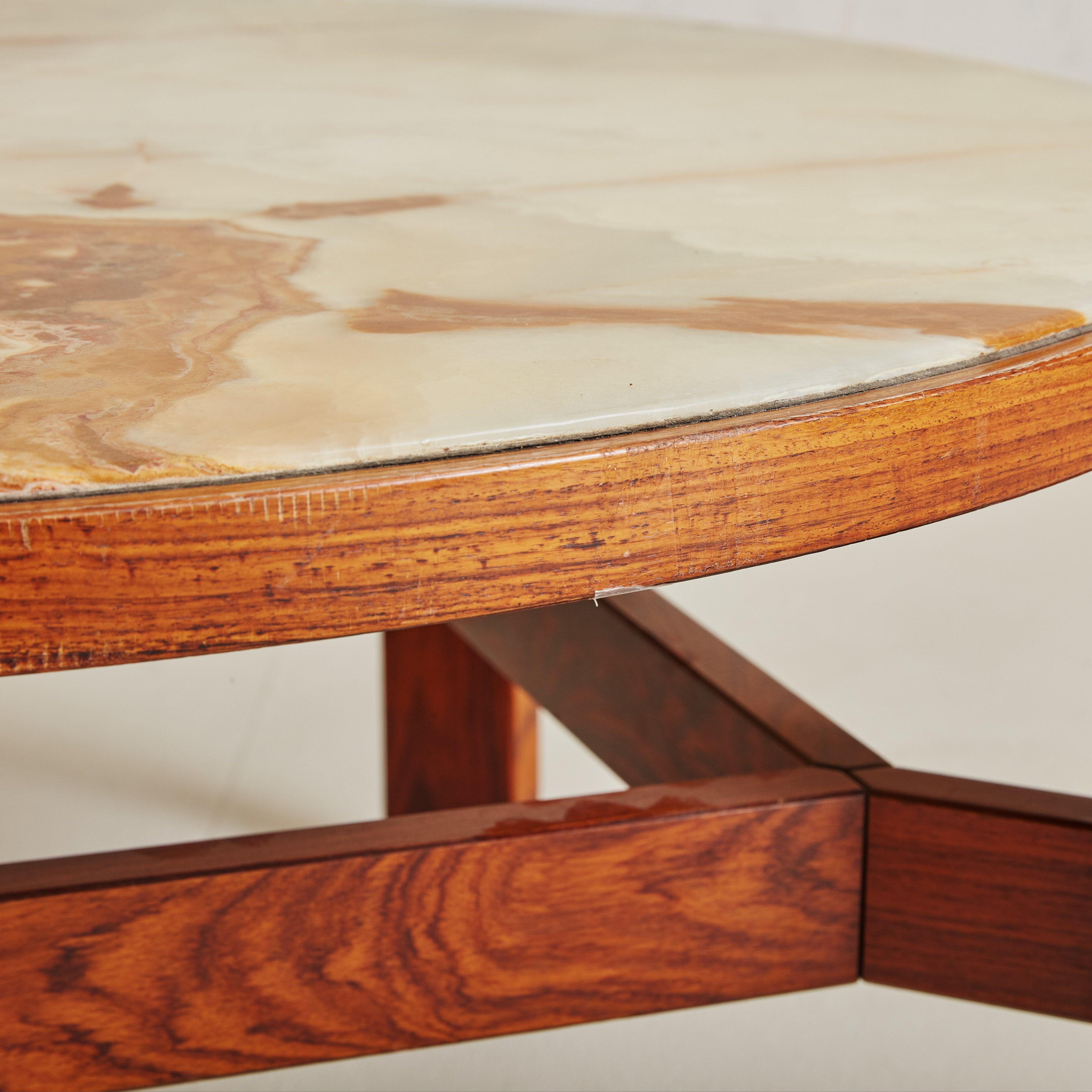 Mid-20th Century Round Onyx + Wood Coffee Table Attributed to Trioh, Denmark 1960s